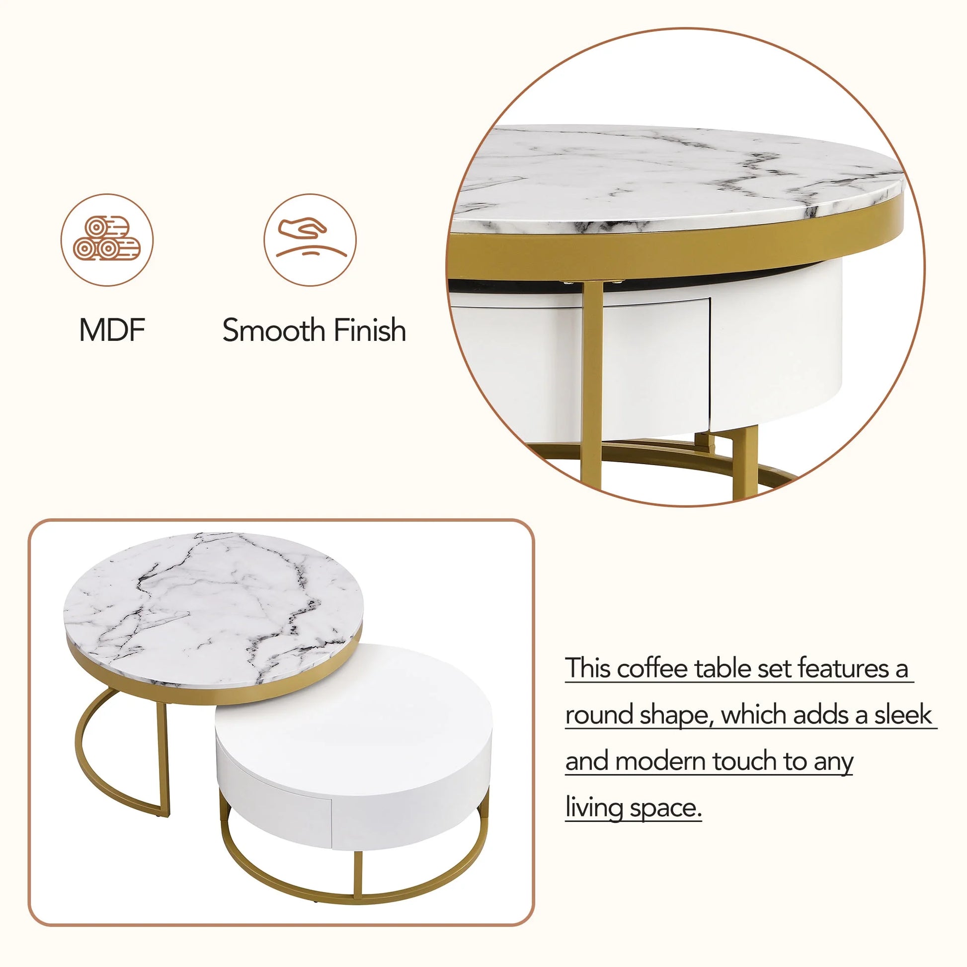 2pc Gold Nesting Coffee Table Set - Storage Drawers