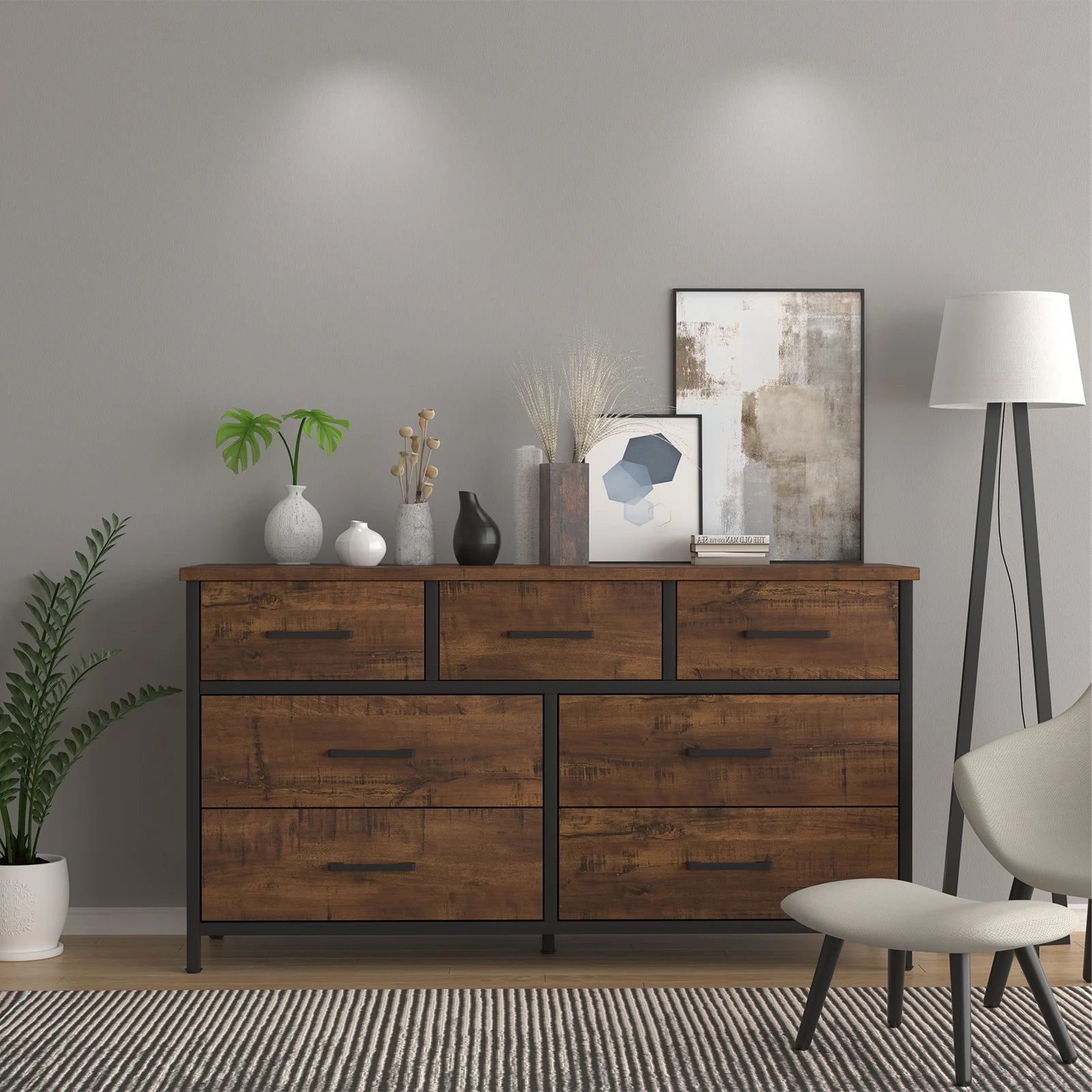 7 Drawer Dresser, Industrial Wood Storage Dressers & Chests of Drawers with Sturdy Steel Frame