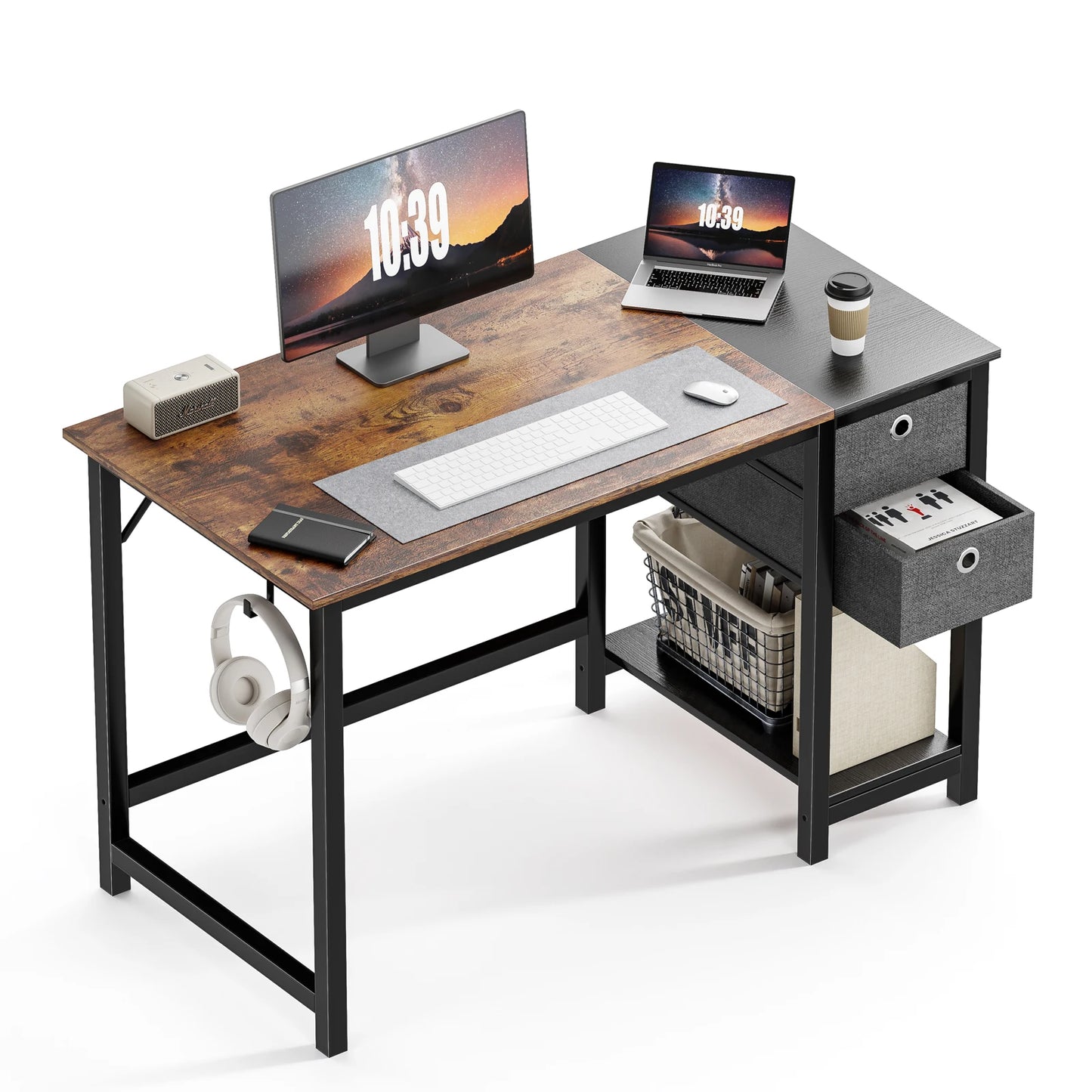 Computer Desk with Drawers 55 Inch, with 2-Tier Drawers