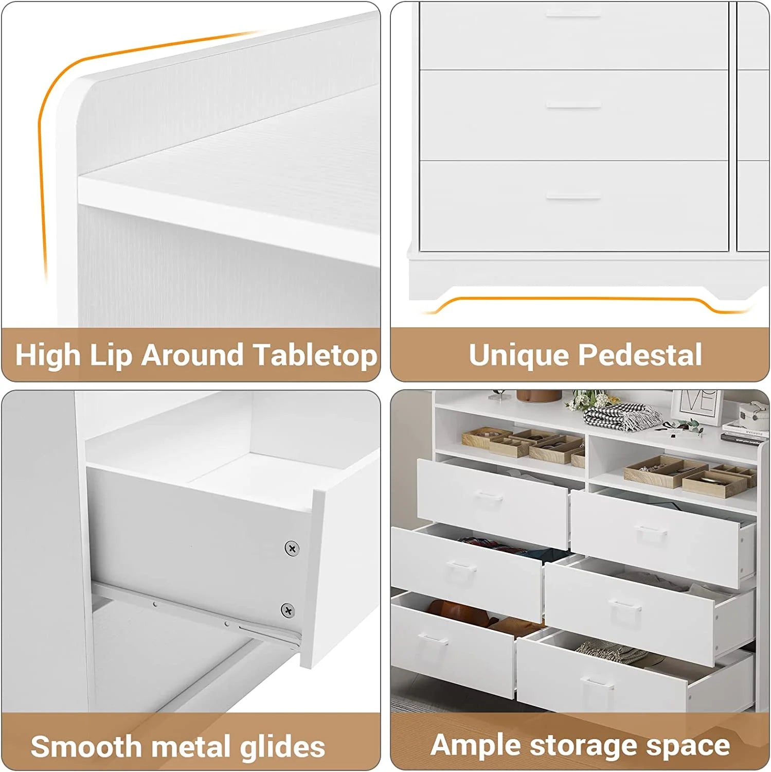 6 Drawers Dresser, 2 Open Cubby, White