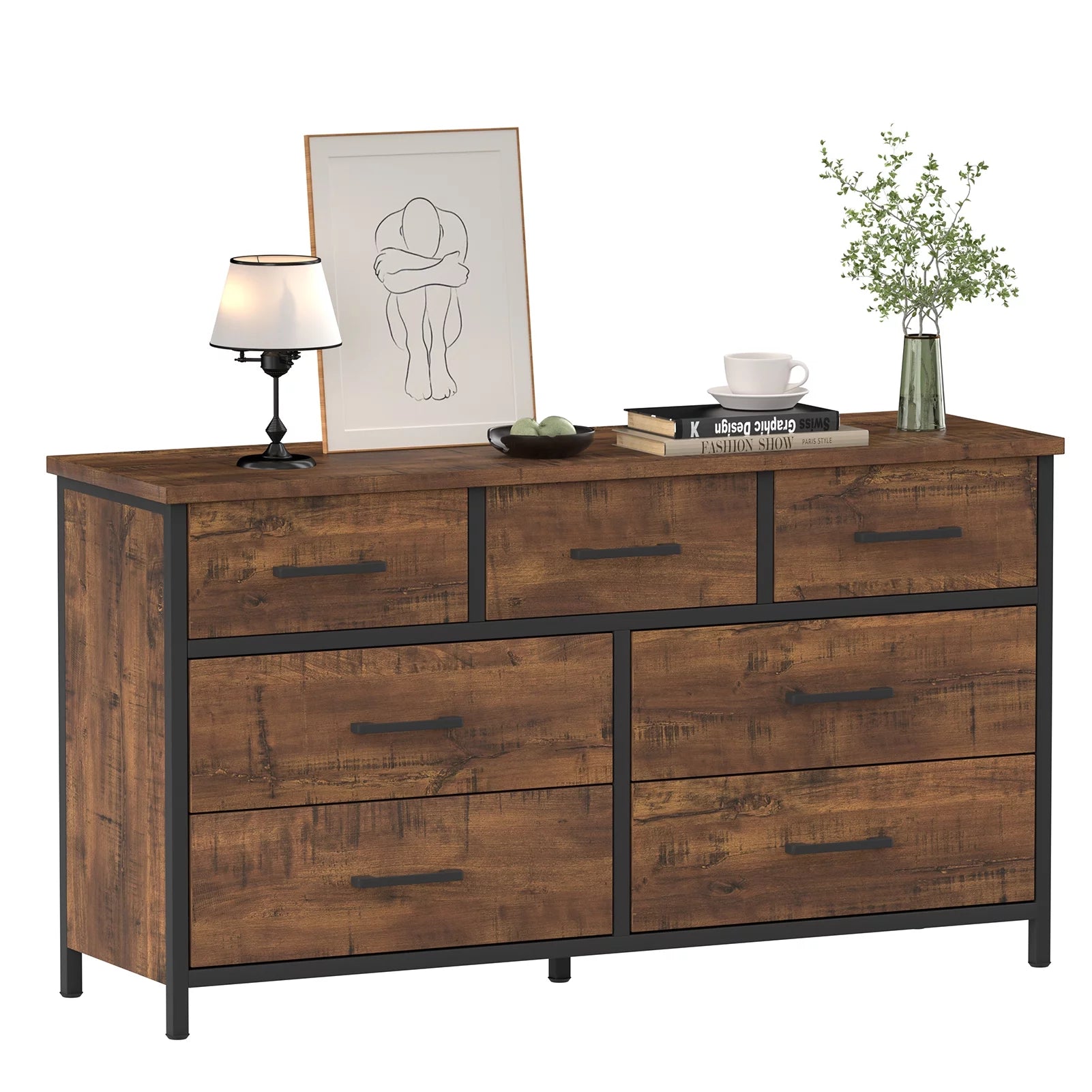 7 Drawer Dresser, Industrial Wood Storage Dressers & Chests of Drawers with Sturdy Steel Frame