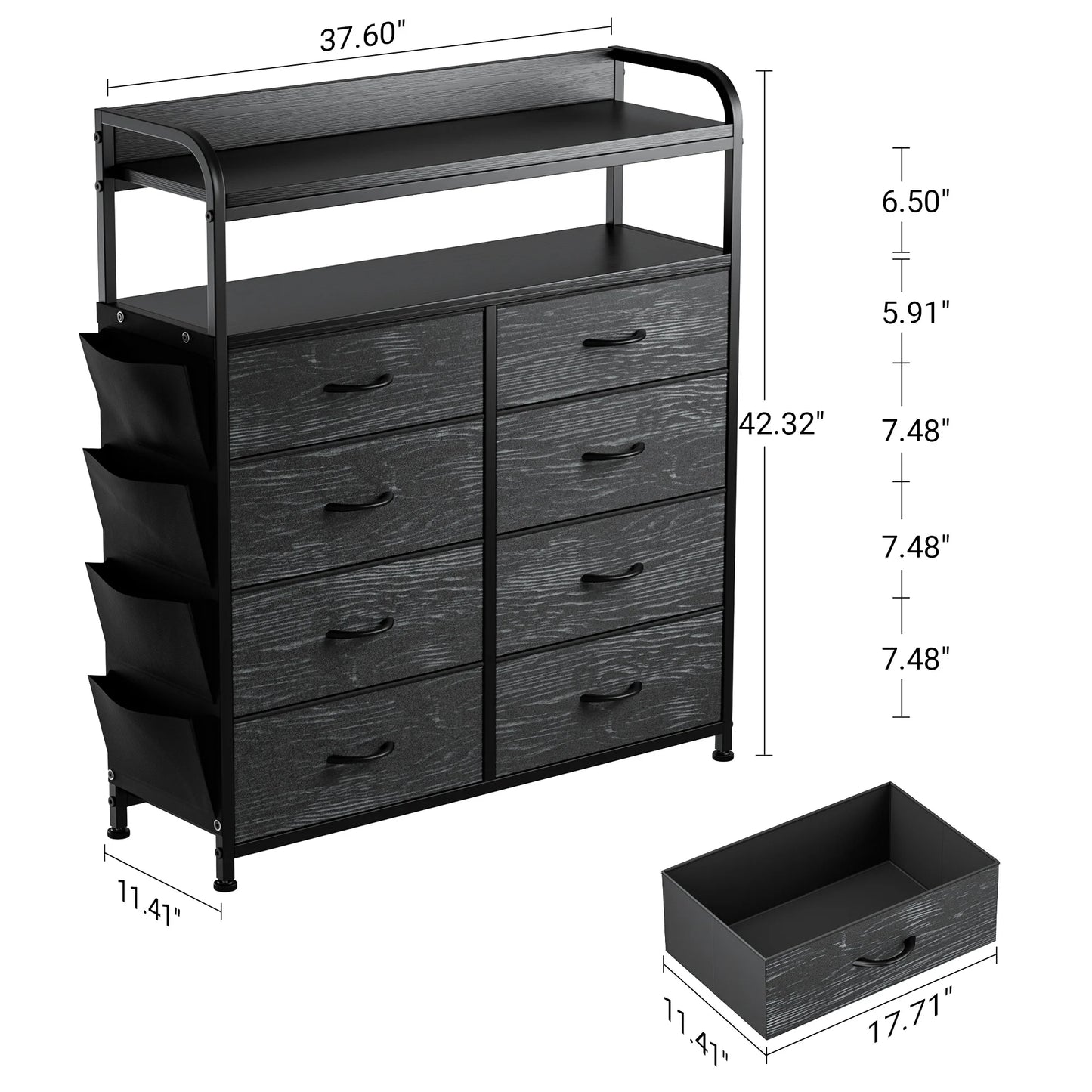 8 Drawer Dresser, Chest of Drawers, with Side Pockets and Hooks, Black