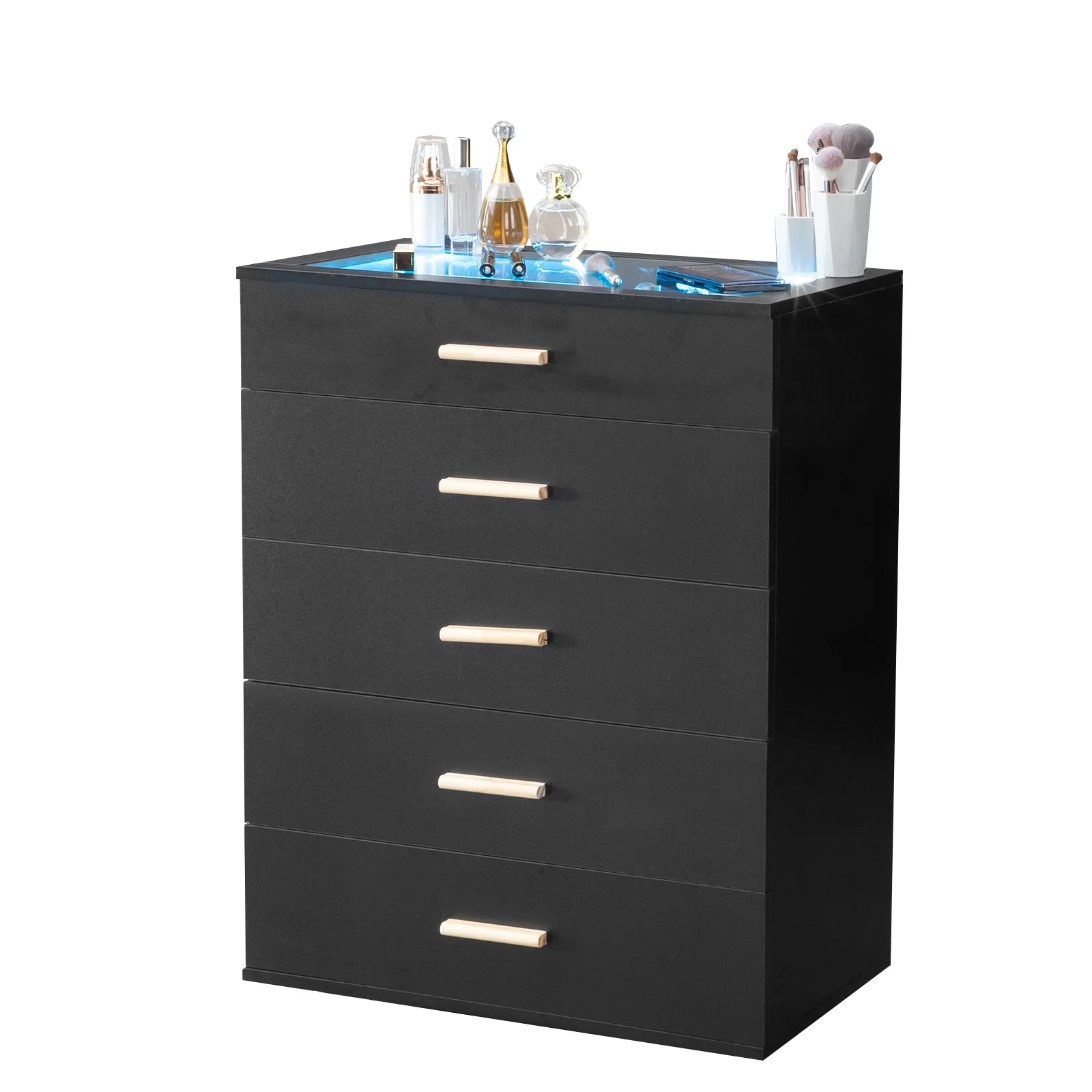 Black Chest with LED Lights, 5 Drawer with Tempered Glass Top, Grid Drawer