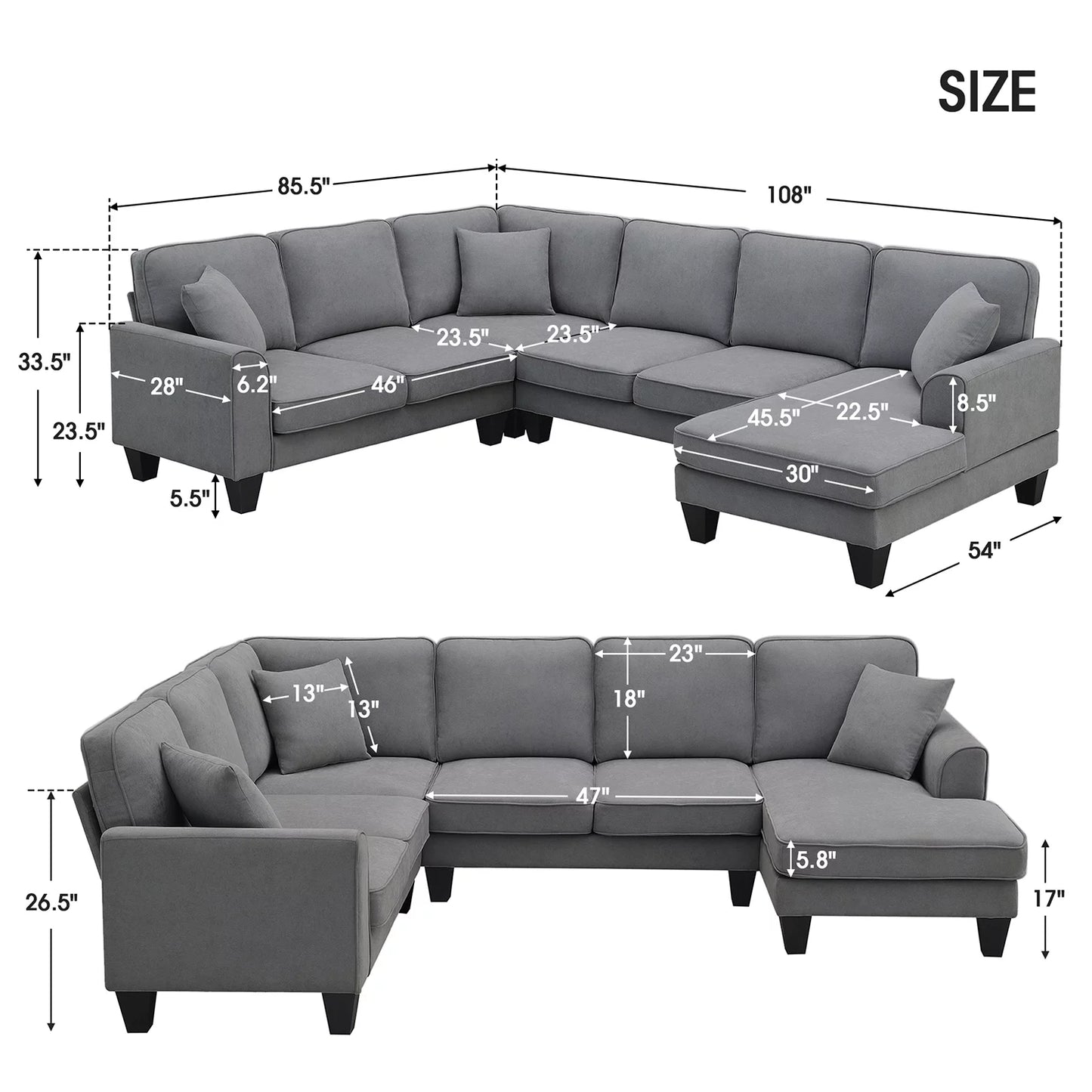 Convertible Modular Sectional Recliner, U Shaped Couch 7 Seat Fabric,Dark Gray