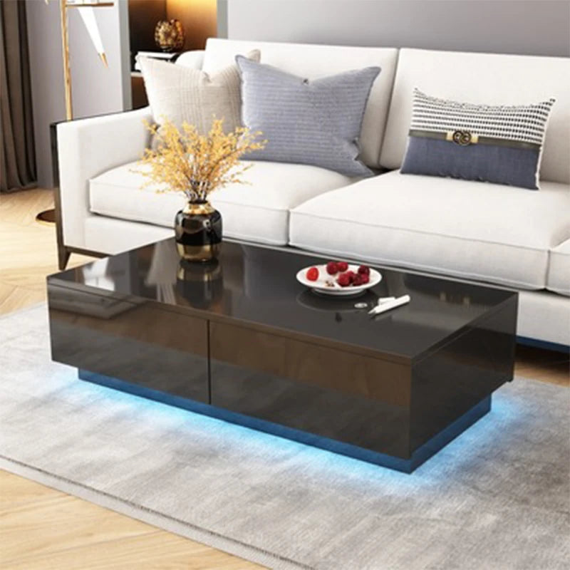 Modern Living Room High-Gloss RGB LED Coffee Table Coffee Table 2 Drawer Cabinet Storage