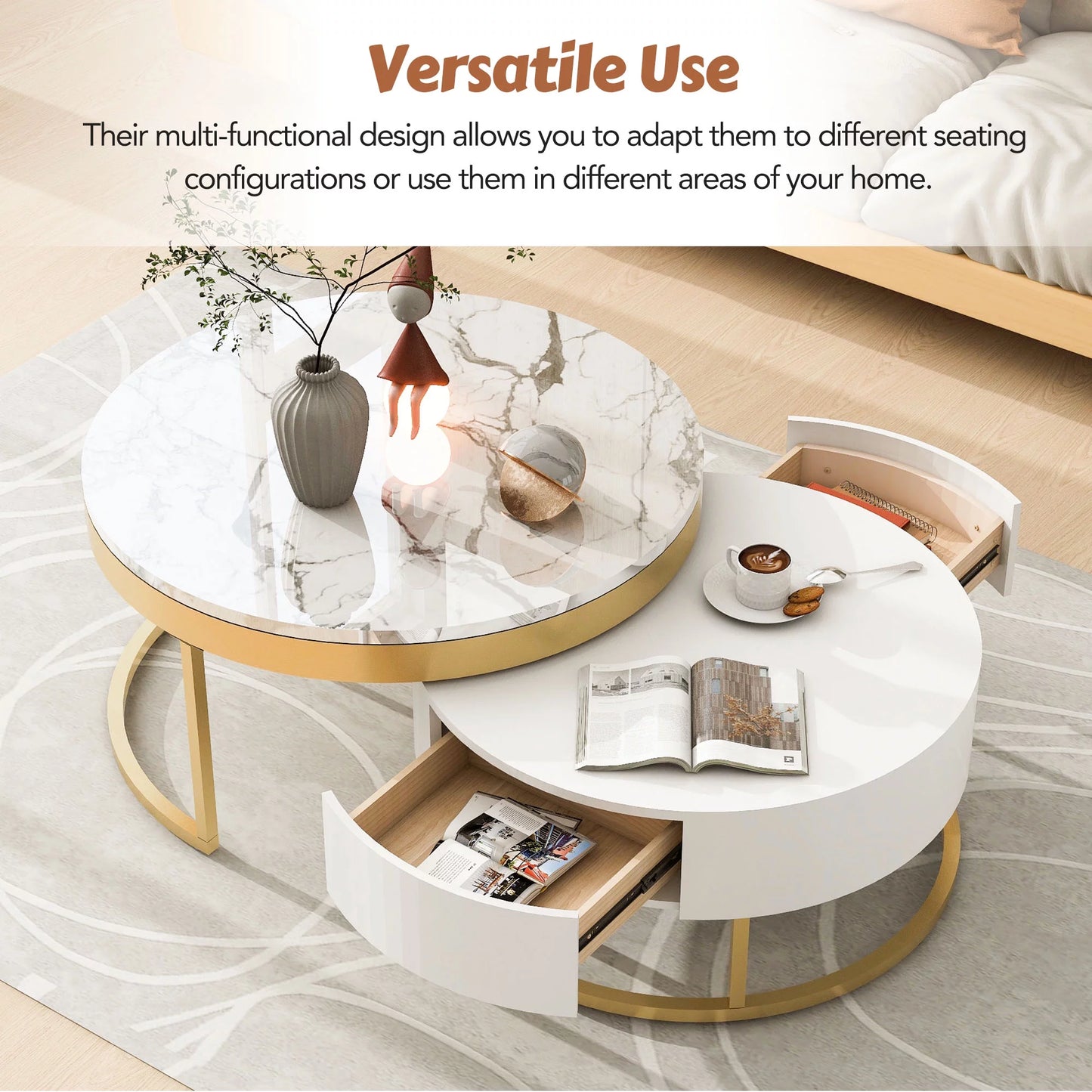 2pc Gold Nesting Coffee Table Set - Storage Drawers