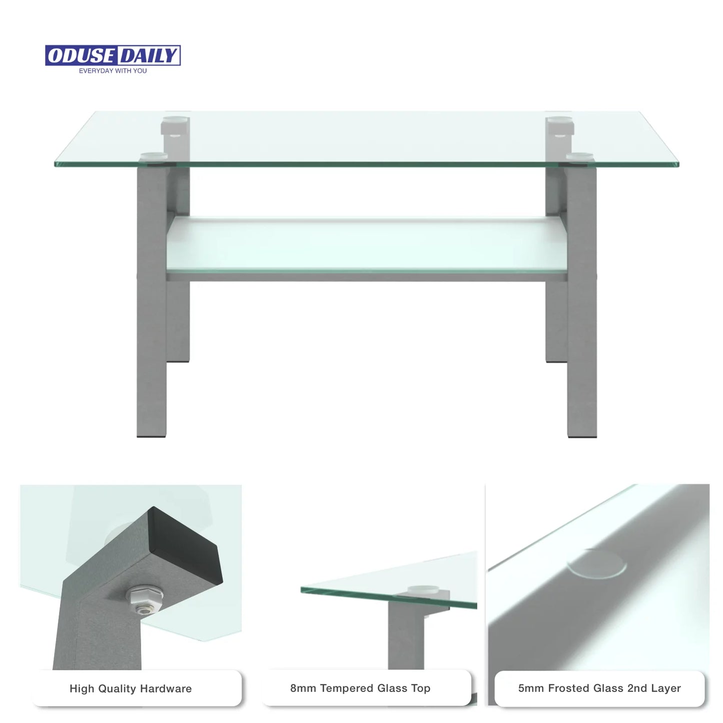 Rectangle Glass Coffee Table , with Gray Metal Legs, Clear Tempered Glass Top 