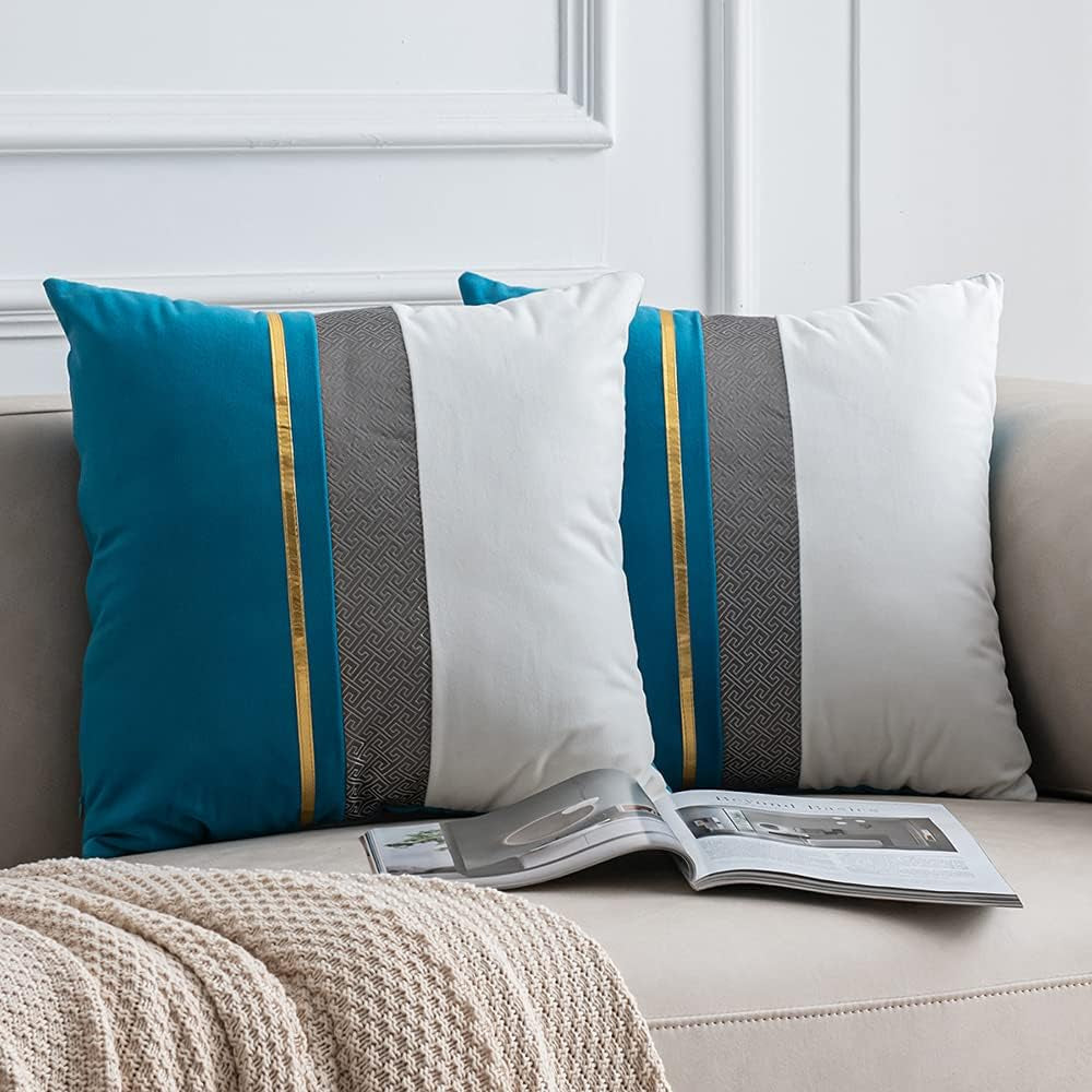 Decorative Throw Pillow Covers - Pack of 2 Modern Cozy 18X18 Inch Square Turquoise White and Gold Velvet Pillow Cases