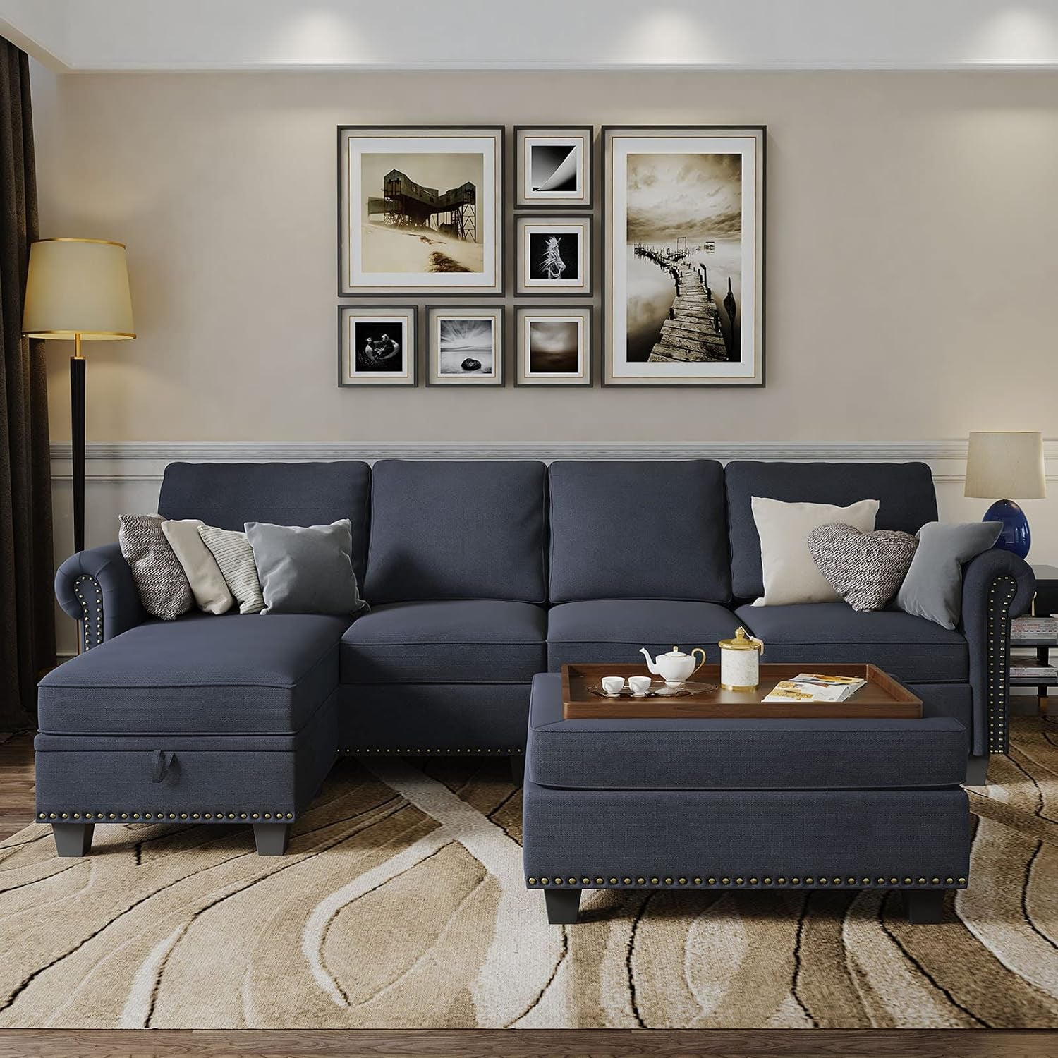 Convertible Sectional Sofa Couch, L Shaped Sofa, Reversible Couch, Denim Blue