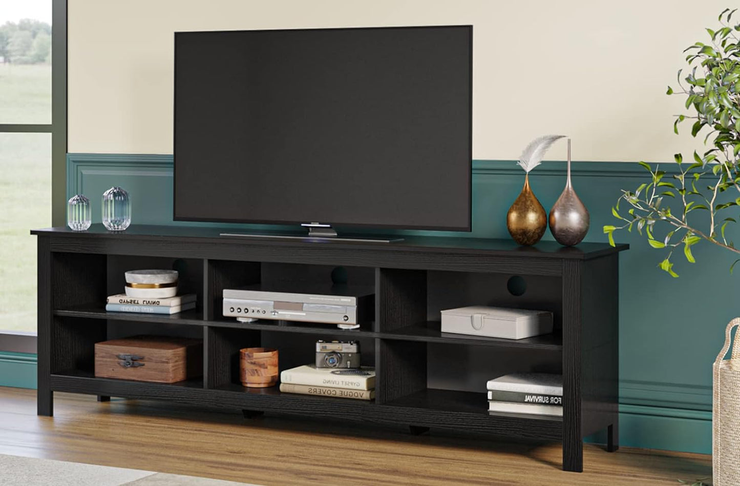 TV Stand, 6 Open Media Storage for Tvs up to 80 Inches, (70 Inches Black)