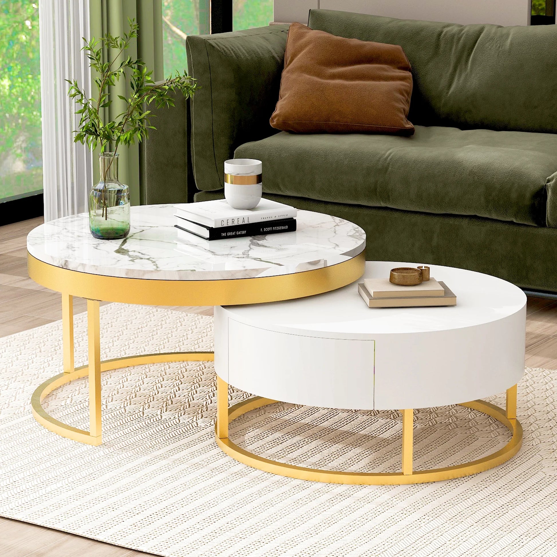 2pc Gold Nesting Coffee Table Set - Storage Drawers