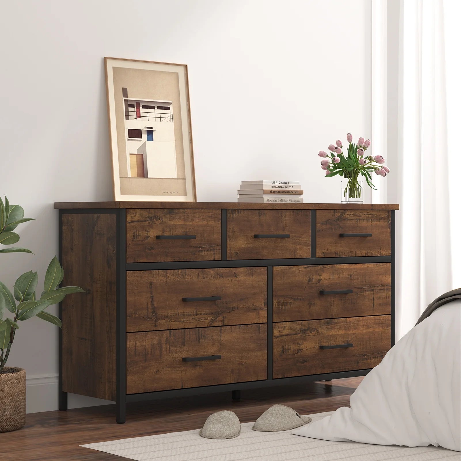 7 Drawer Dresser, Industrial Wood Storage Dressers & Chests of Drawers with Sturdy Steel Frame