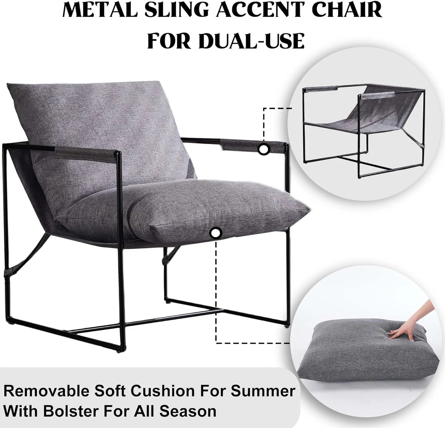 Modern Accent Linen Sling Chair, Metal Framed Armchair with Soft Bag Cushion, Dark Grey