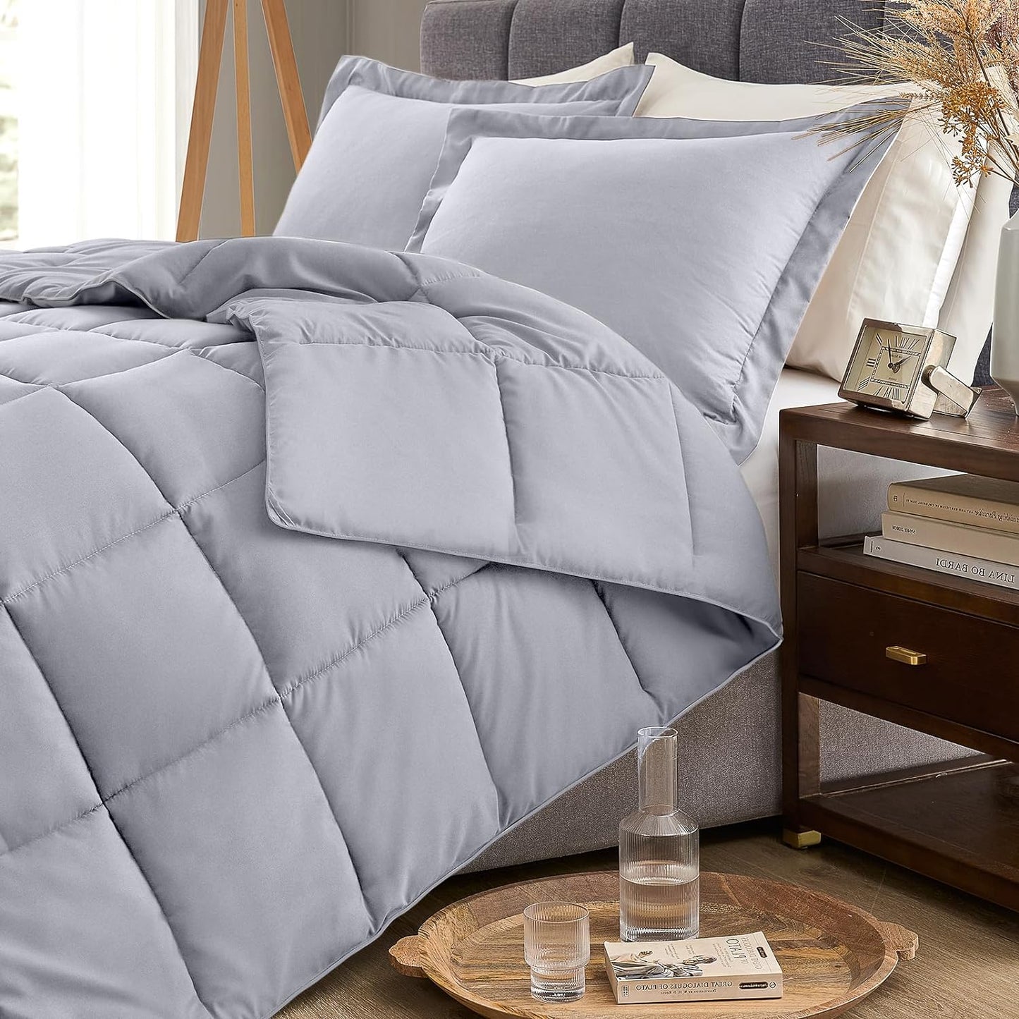 King Comforter Set, Soft down Alternative Bedding, Light Grey, 3 Pcs Incl 1 Comforter & 2 Shams