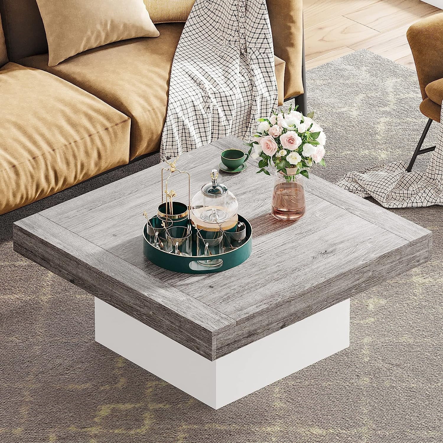 Farmhouse Coffee Table Square LED  Rustic Grey & White