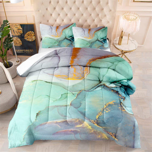 Twin Size Colorful Marble Quilt Gold Glitter Comforter Set, Abstract Chic Marble Bedding 1 Comforter + 1 Pillow Case