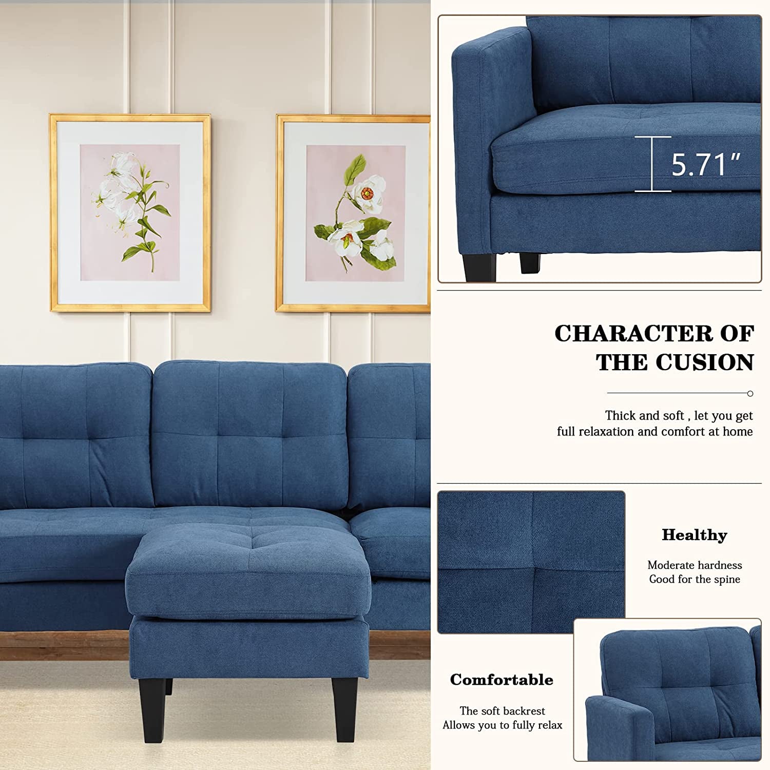 L-Shaped Couch Modern Sofa Set with 3-Seat Couch and Reversible Chaise (Blue)