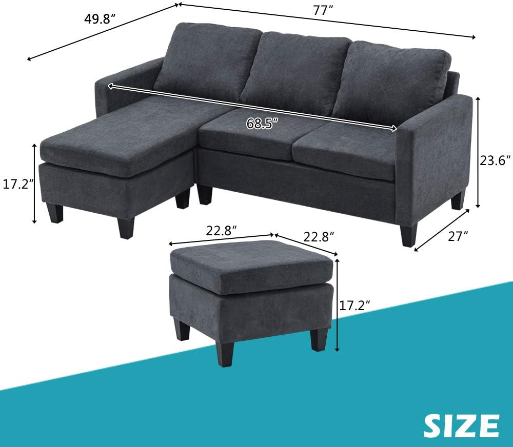 Convertible Sectional Sofa Small 3-Seater Sectional Couch L-Shape with Reversible Chais (Grey)