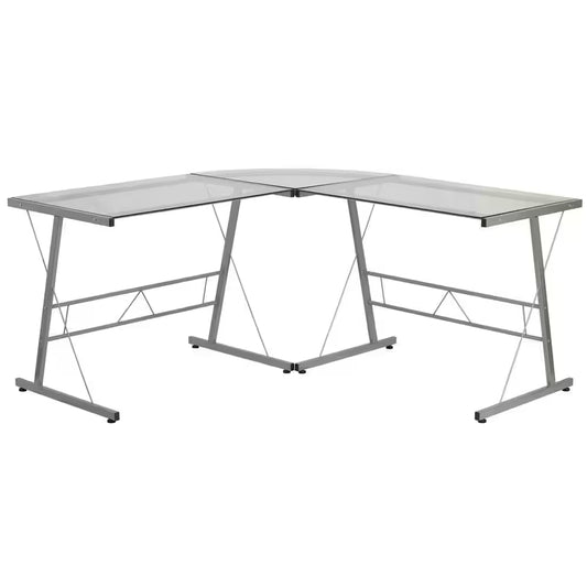 83.5 In. L-Shaped Clear/Silver Computer Desks with Glass Top