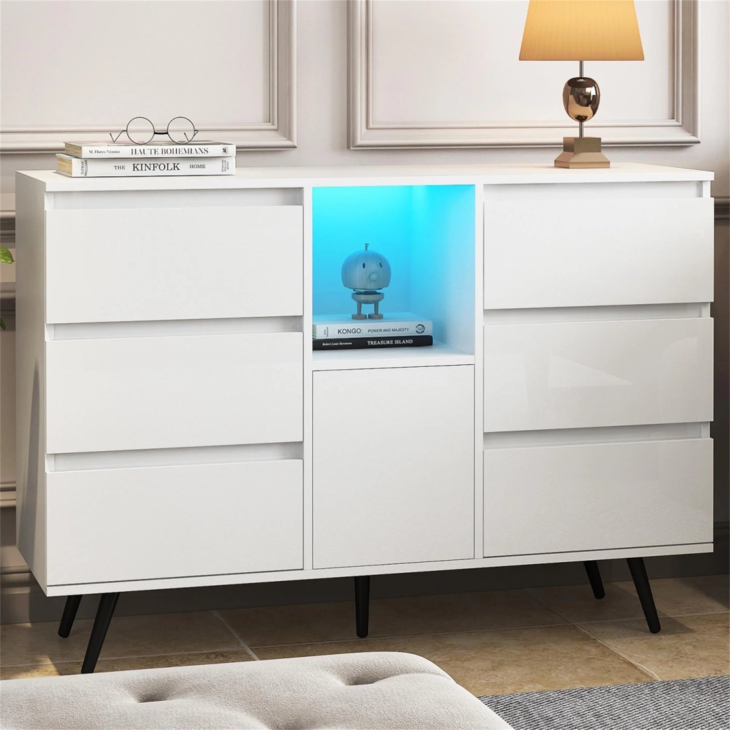 White 6 Drawer Dresser with LED Lights Display and Storage Cabinet