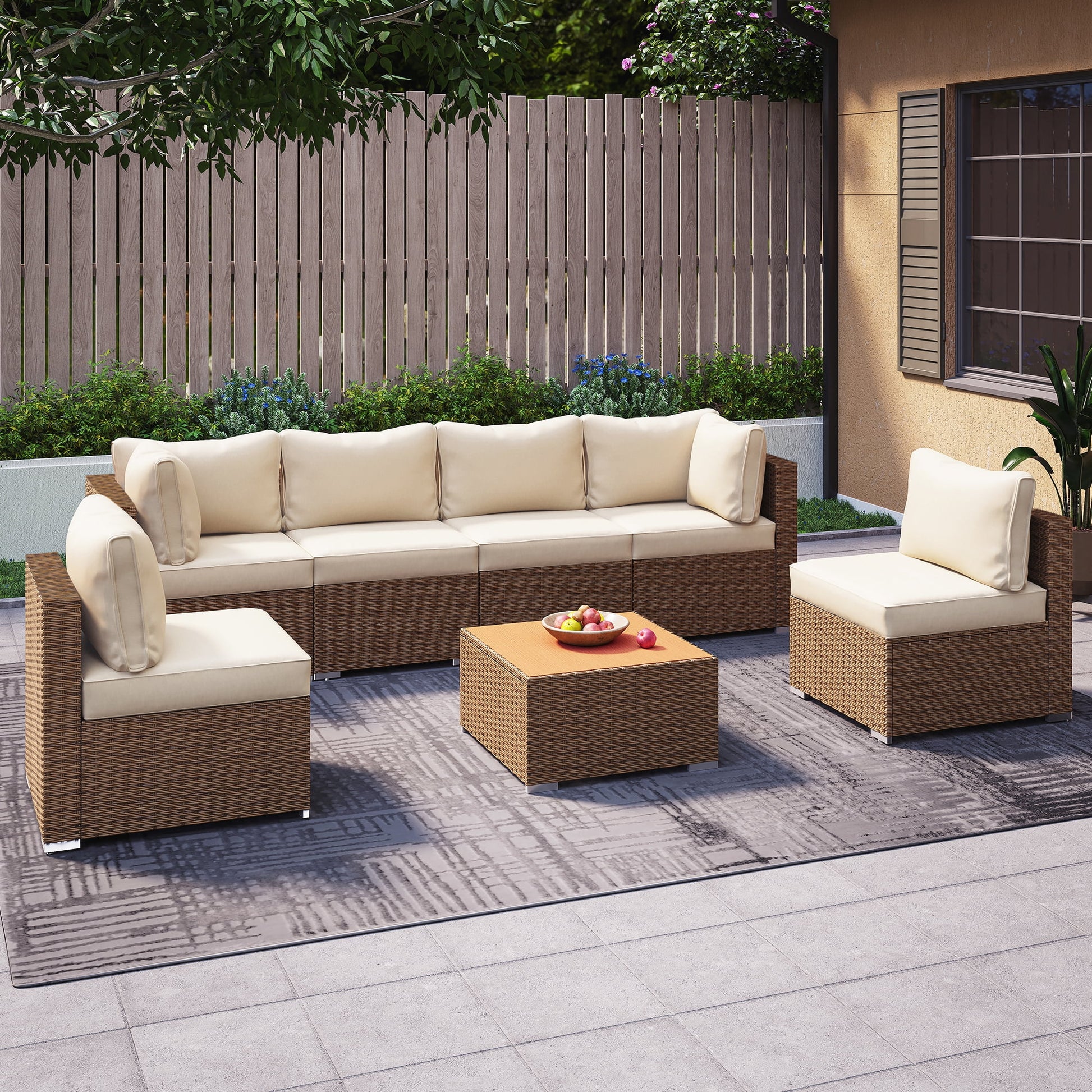 7 Pieces Patio Set, Outdoor Sectionals with 6 Chairs and 1 Coffee Table, Beige Cushions & Brown Wicker