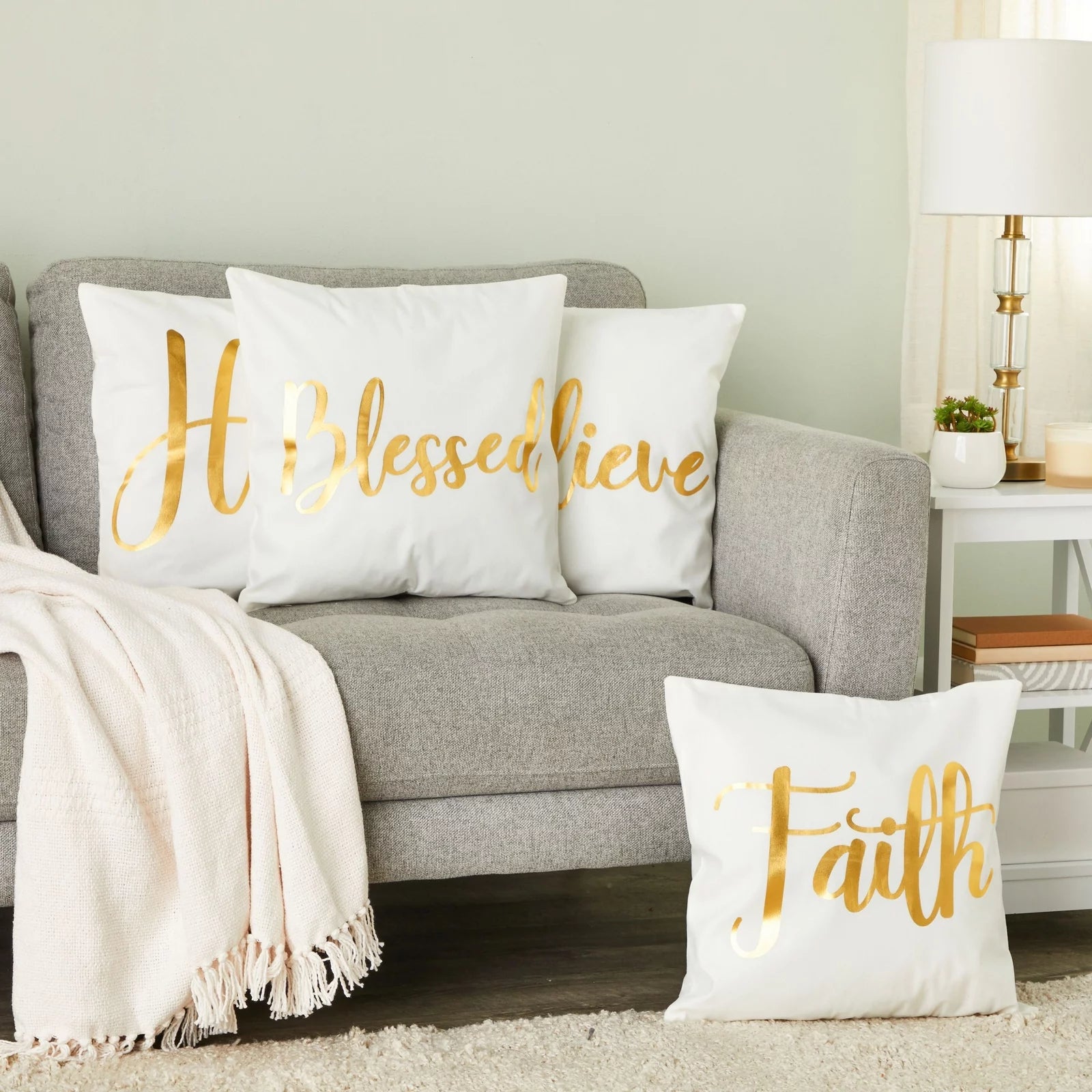 White Throw Pillow Covers, Blessed, Hope, Believe, and Faith (18 X 18 In, 4 Pack)