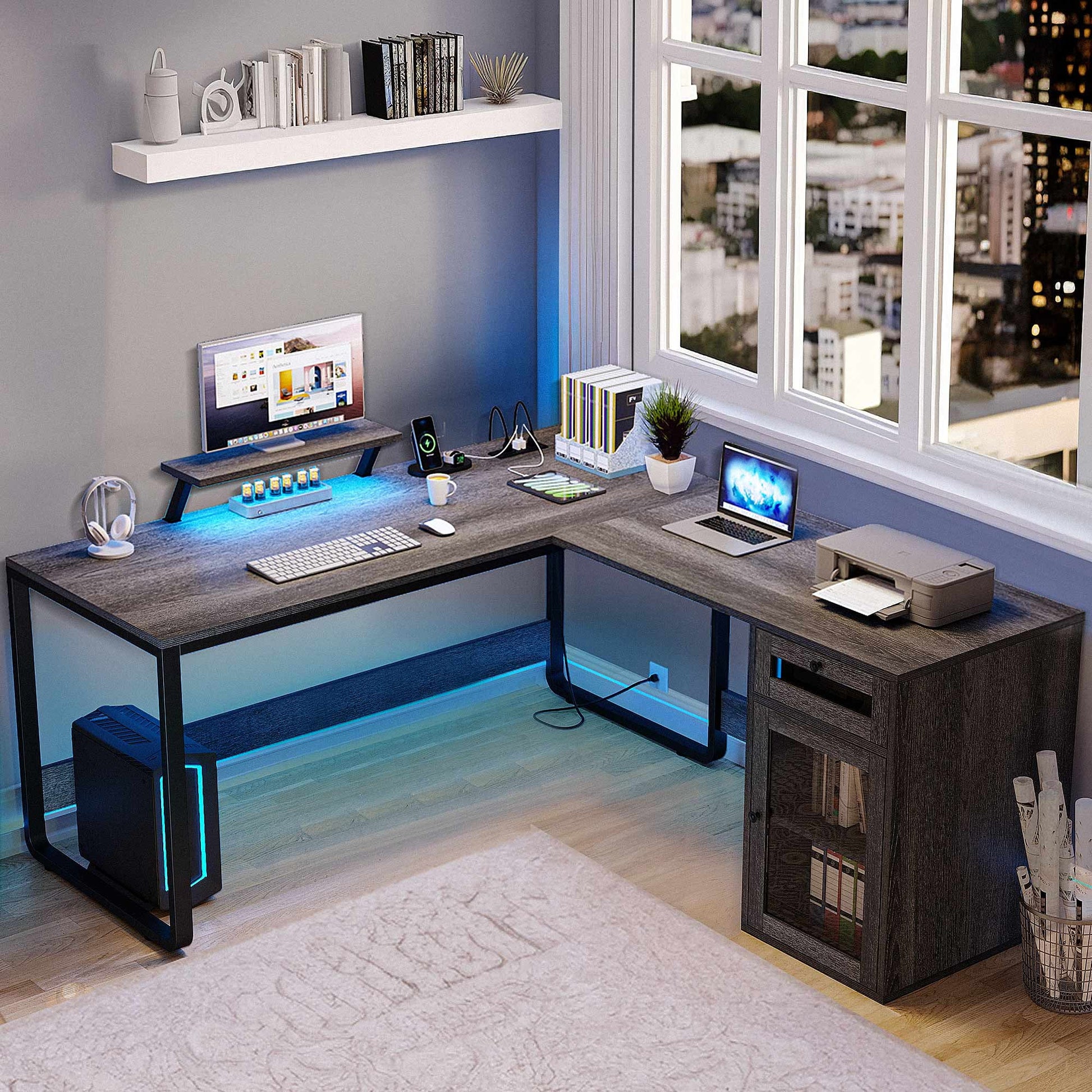 L Shaped Desk with Power Outlets & Drawer, Reversible Computer Desk with File Cabinet, with LED Lights & Monitor Stand, Gray