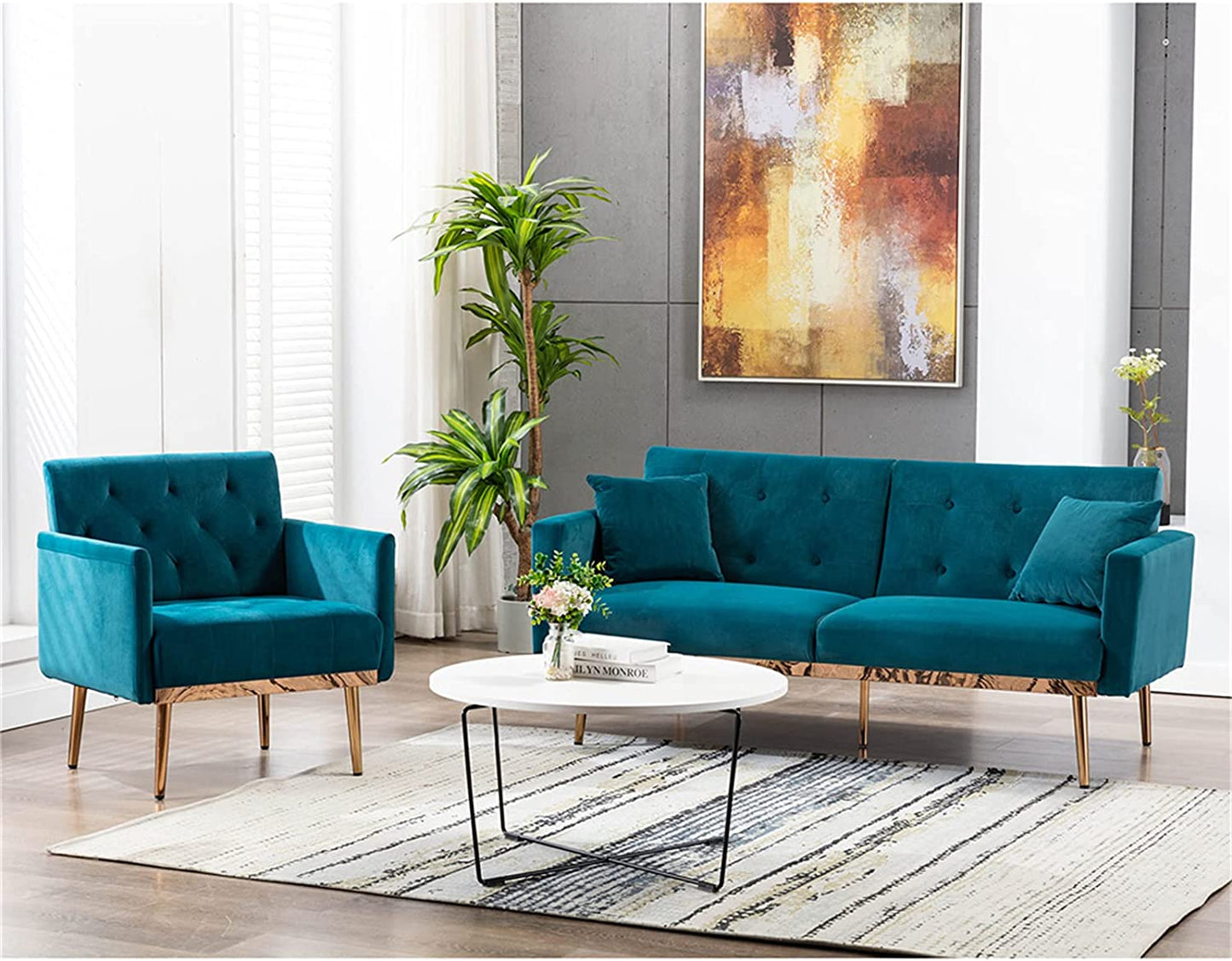 Square Velvet Accent Chair, Golden Metal Leg Single Sofa Chair, (Teal)