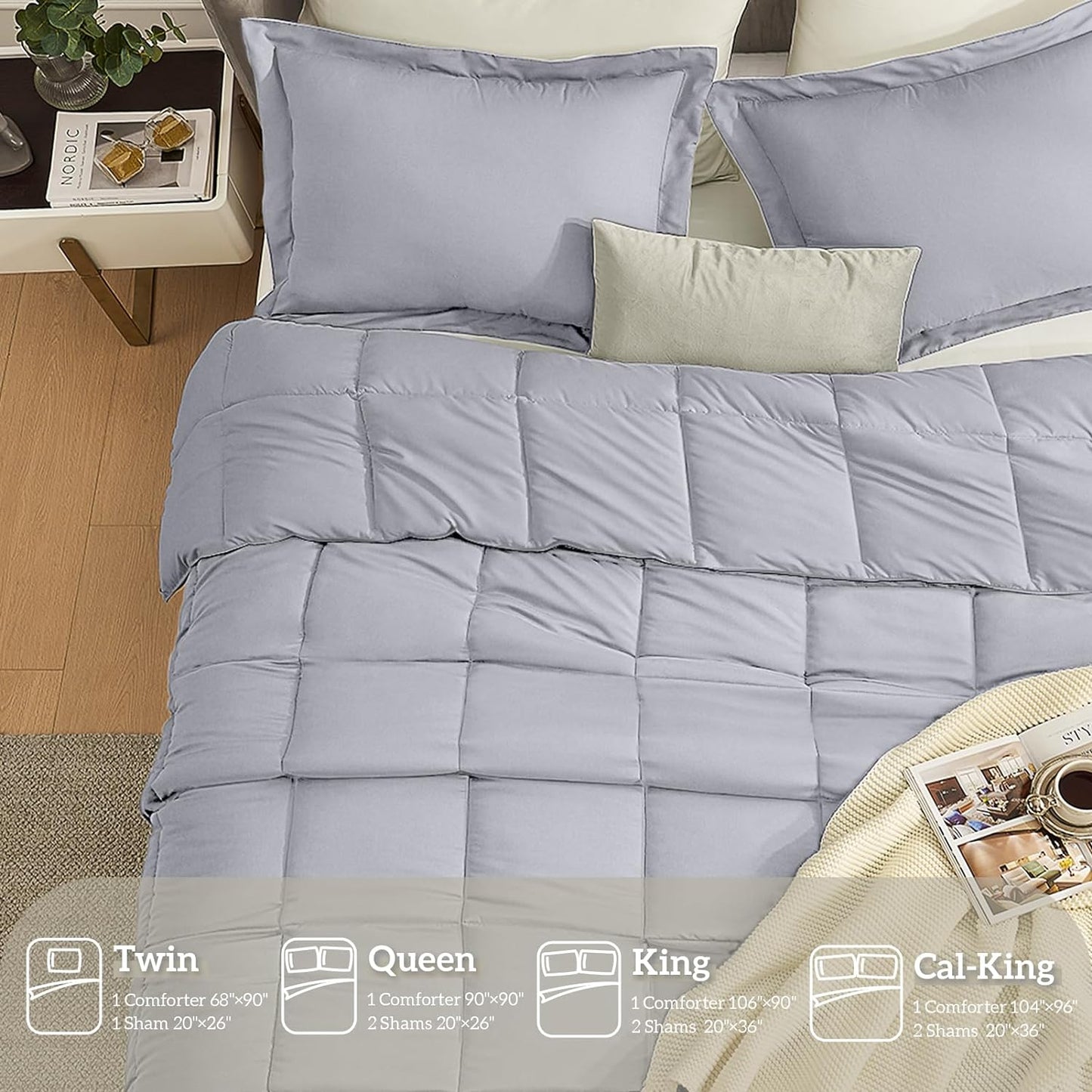 King Comforter Set, Soft down Alternative Bedding, Light Grey, 3 Pcs Incl 1 Comforter & 2 Shams