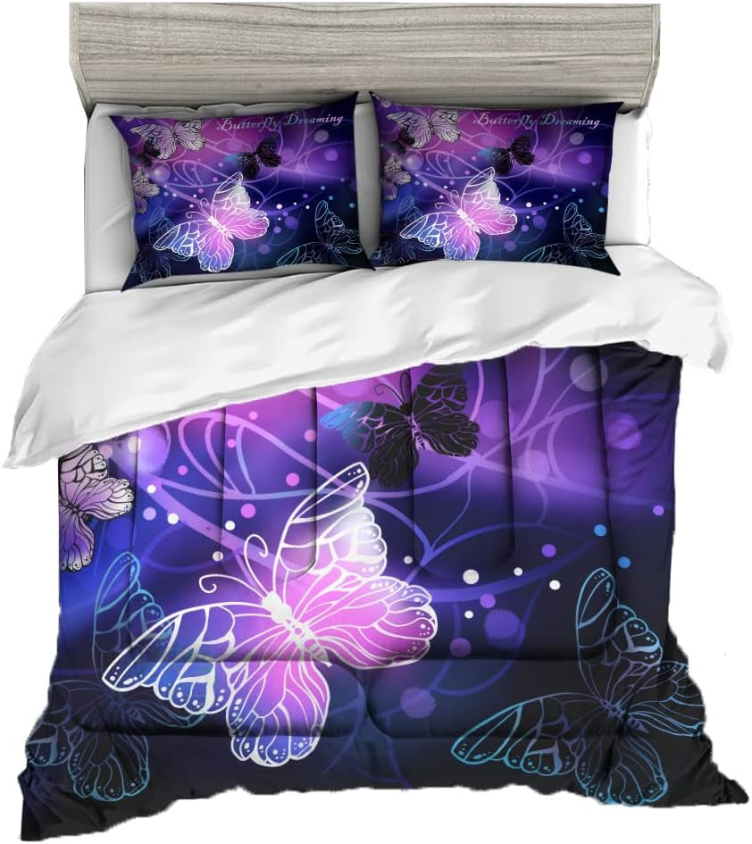 3D Purple Butterfly Bedding Twin Comforter Set, 3 Piece- Includes 1 Comforter and 2 Pillowcase