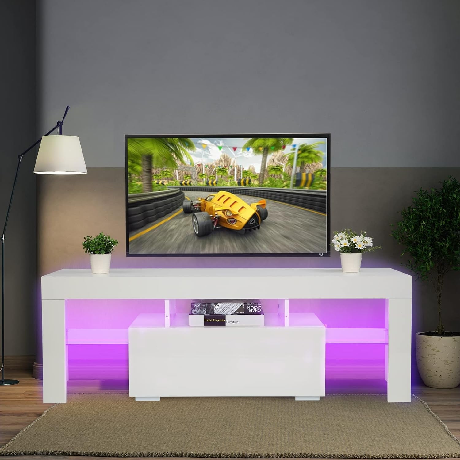 LED TV Stand for Tvs up to 55 Inch, LED Lights and Storage (White, 51'' X 14'' X 18'')