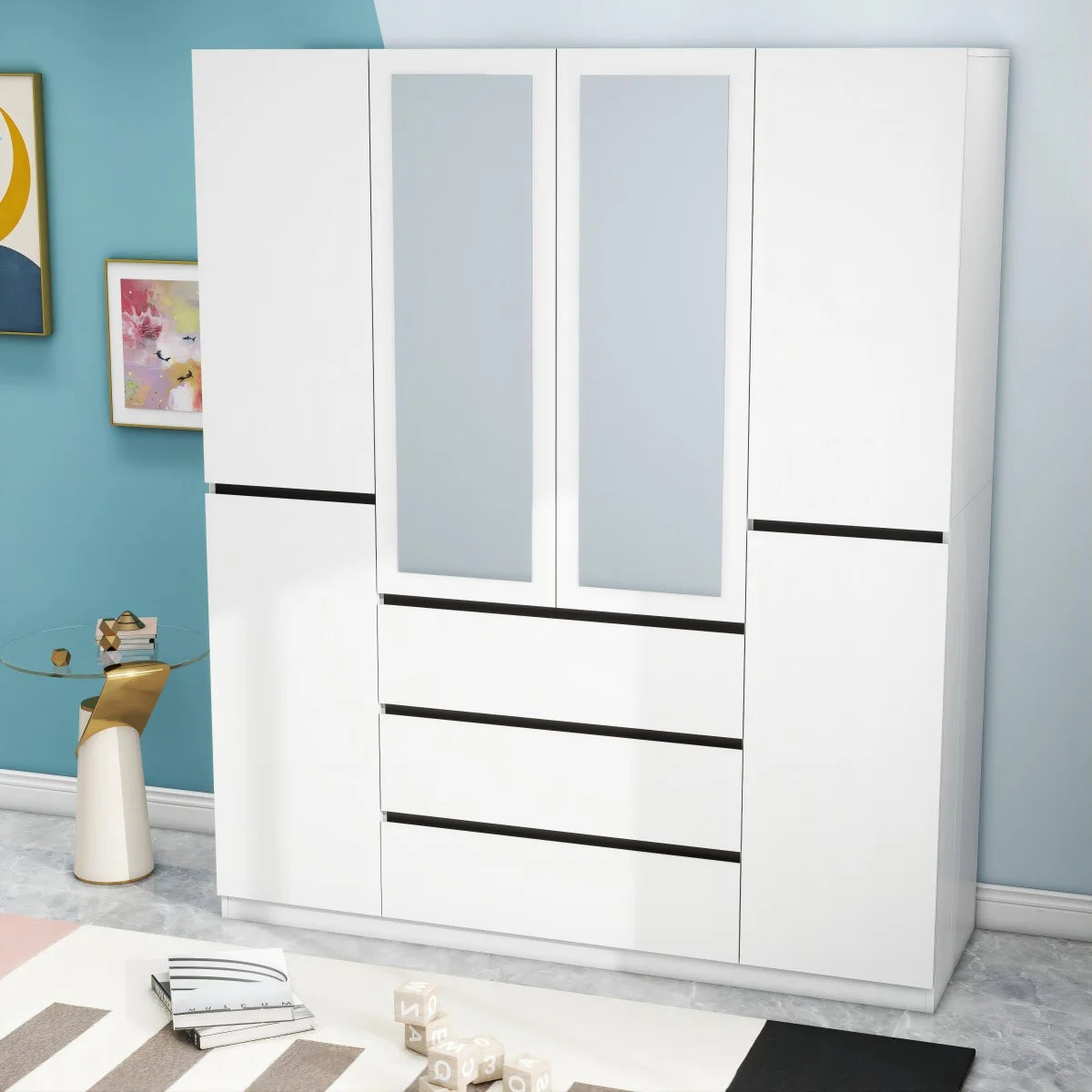 Solid Wood Family Wardrobe 6-Door with Mirror and 3 Drawer (White,W62.99 X D20.28 X H78.74)