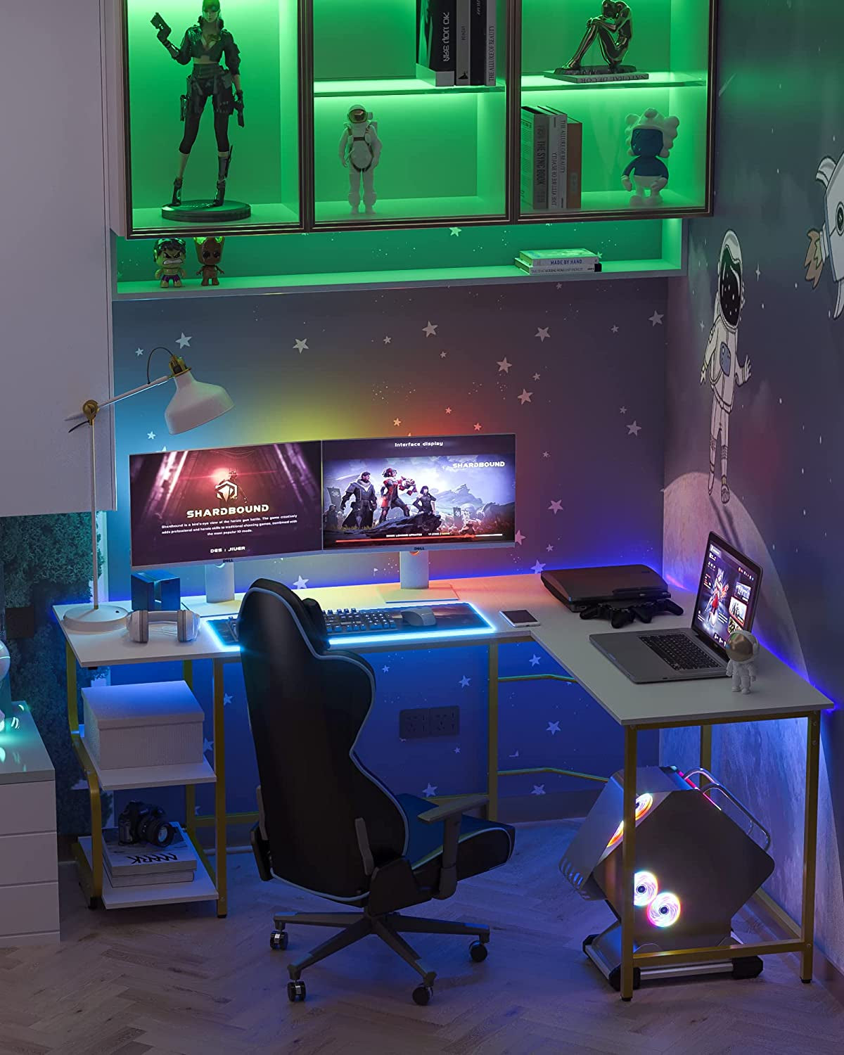 Reversible L Shaped Desk with Shelves 61“ Computer Desk Gaming Desk