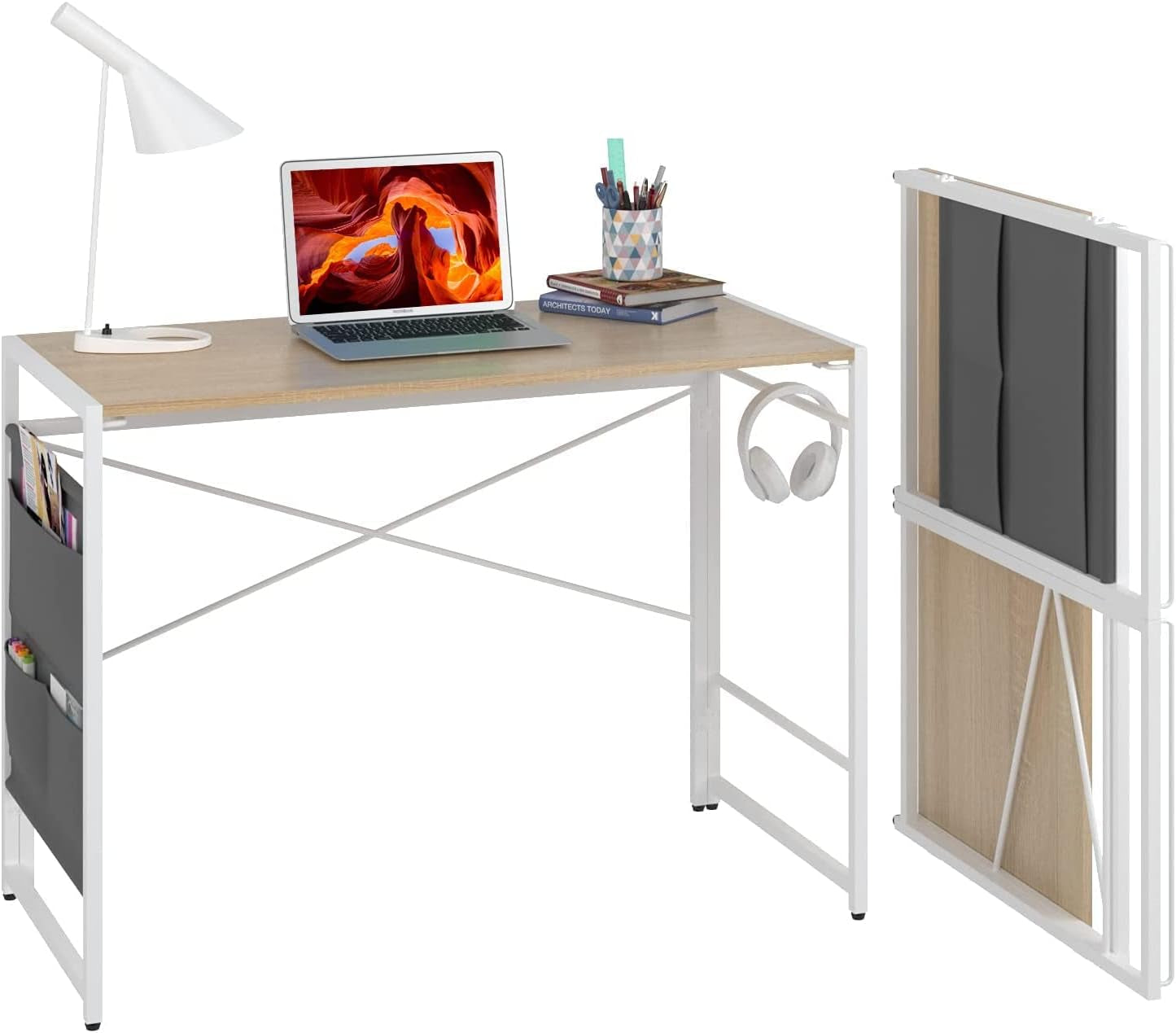 Folding Desk for Small Spaces,Space Saving Foldable Computer Desk with Storage Bag,,Oak