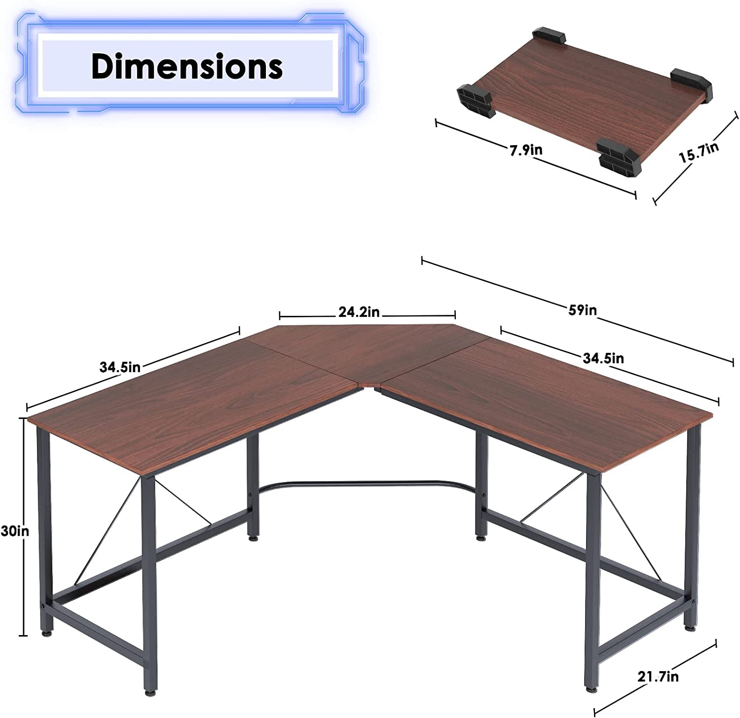 Large L-Shaped Desk, 59 X 59 Inches Computer Desk, Walnut