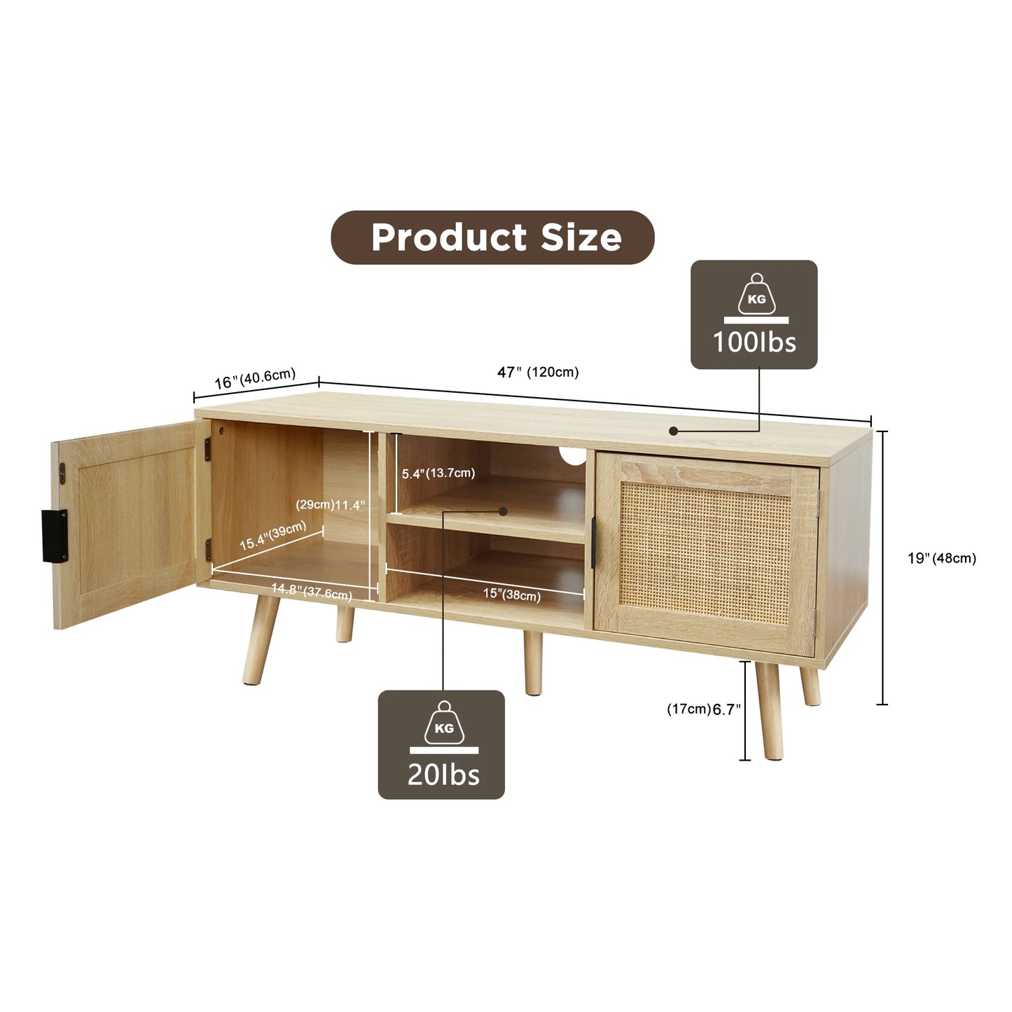 Farmhouse TV Stands for 55 Inch Tv,Wood Media Entertainment Center Cabinet Console Table with 2 Rattan Doors, Natural Oak