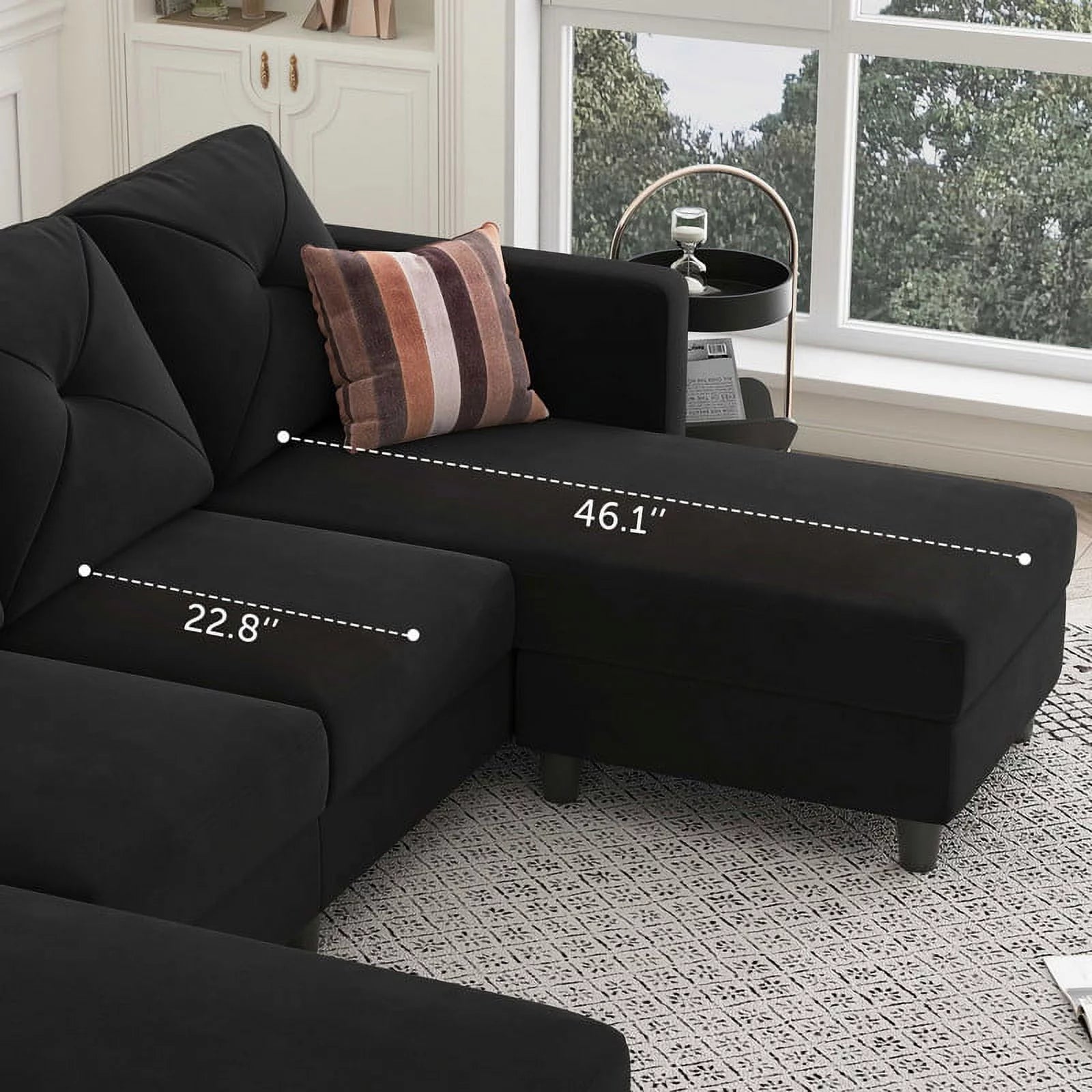 Modern Sectional Couch with Tufted Back Cushions, Black