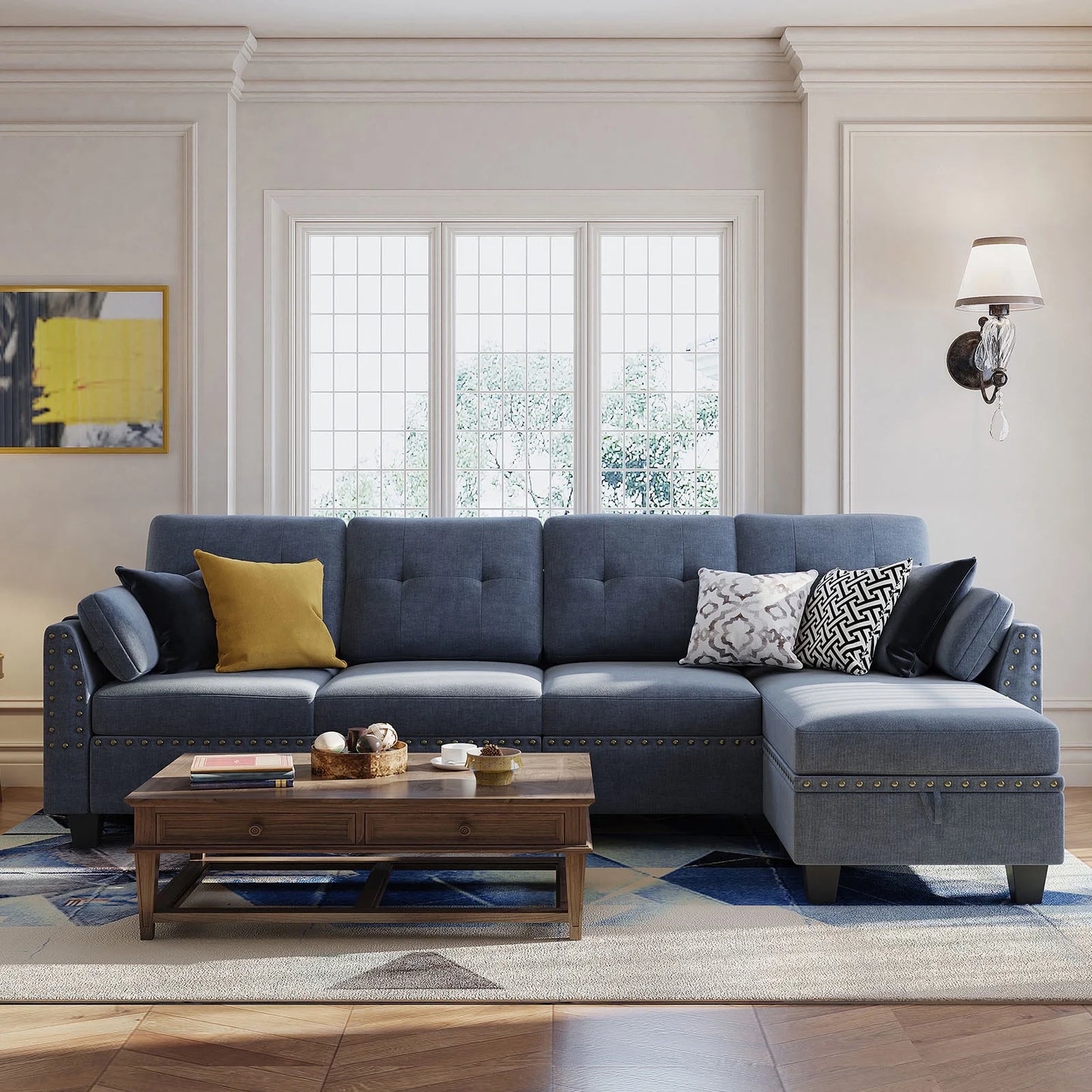 Convertible Sectional Sofa Couch L-Shape Couch with Reversible Chaise 4 Seat Sofa, Bluish Grey