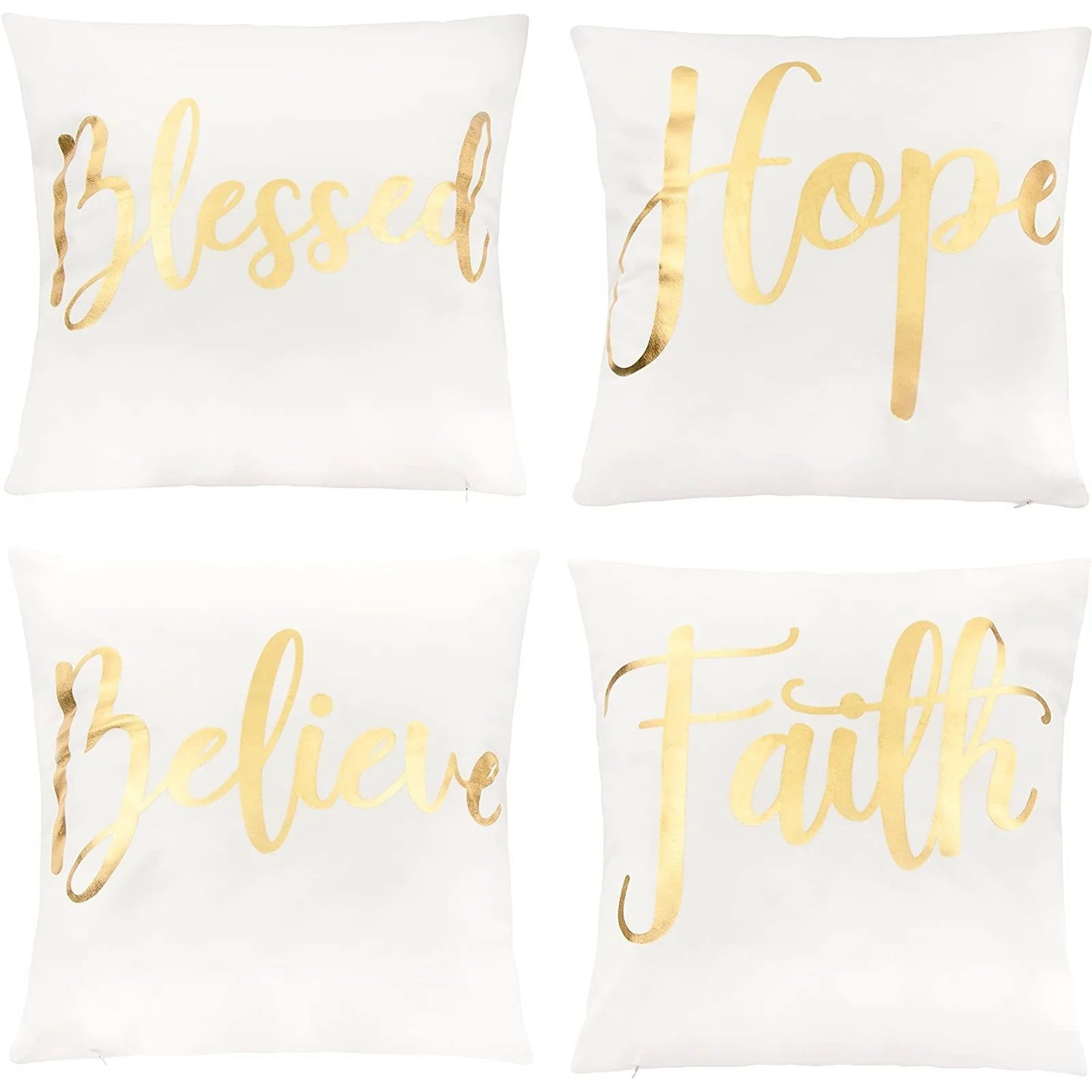 White Throw Pillow Covers, Blessed, Hope, Believe, and Faith (18 X 18 In, 4 Pack)