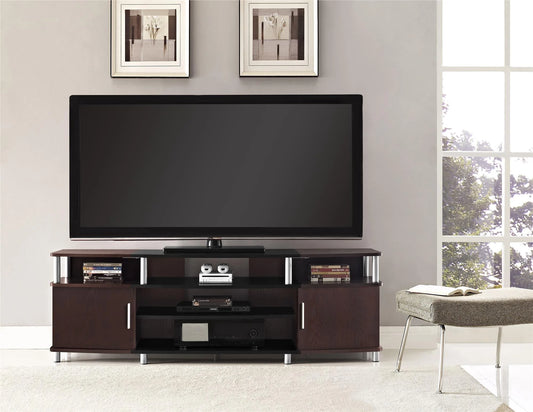 Carson TV Stand Fits up to 70" with Multiple Open Shelves, Cherry and Black