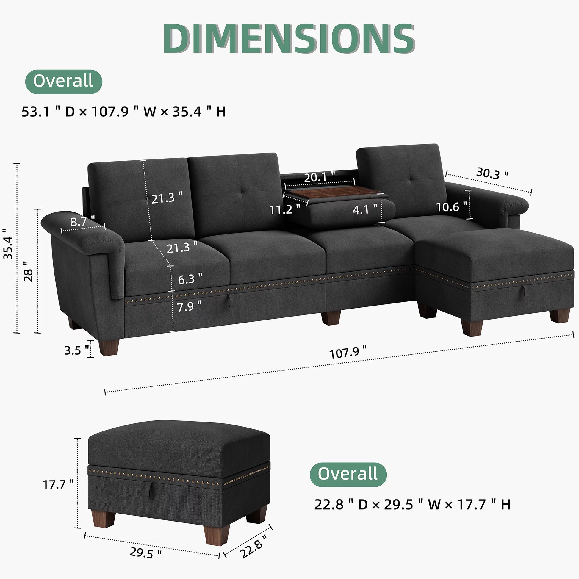 Convertible Sectional Sofa L Shaped Couch with Storage Chaise, 4-Seater Reversible Sectional Couch with Cup Holders Black