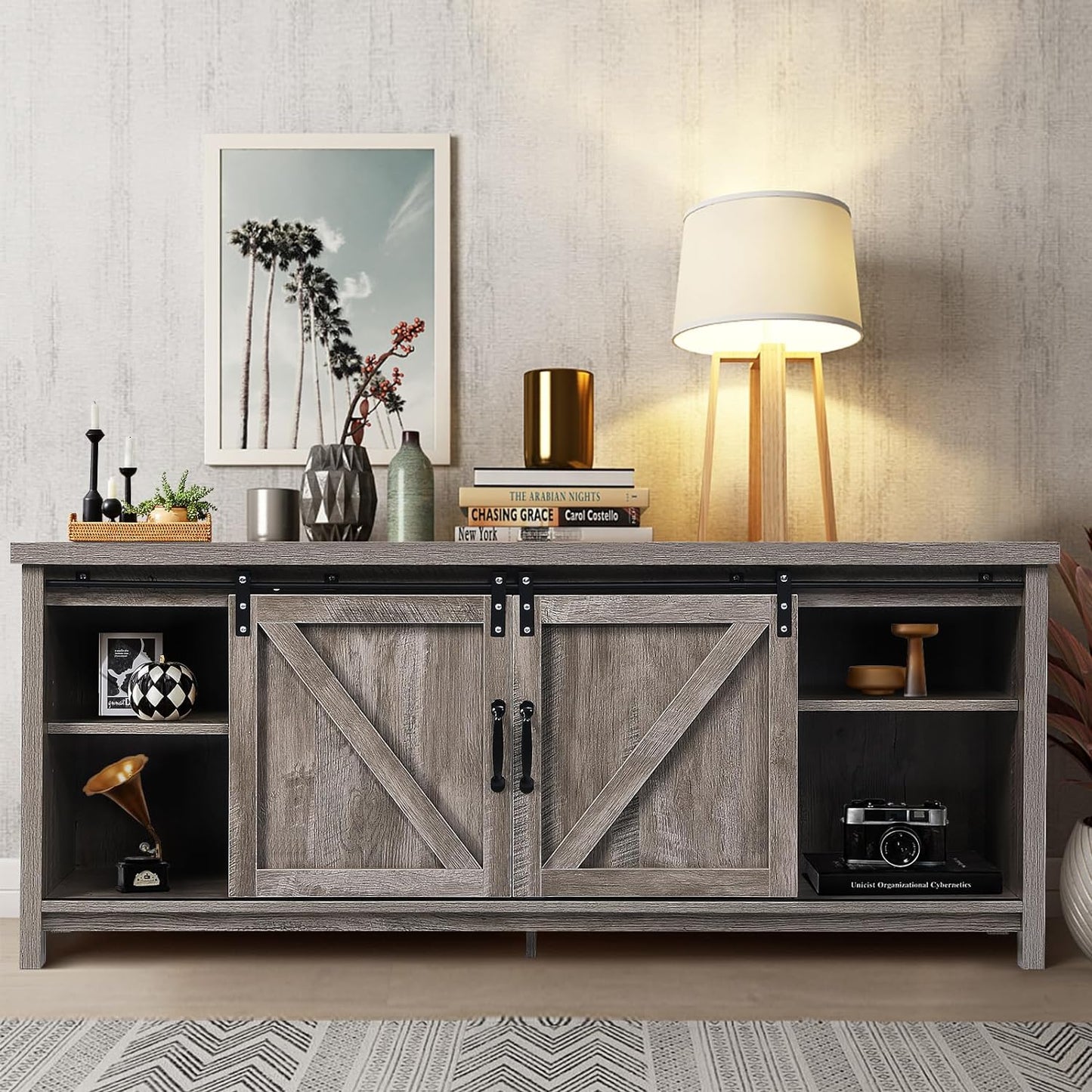 Farmhouse TV Stand with Sliding Barn Doors Entertainment Center for 65 Inch TV, Rustic Gray Wash