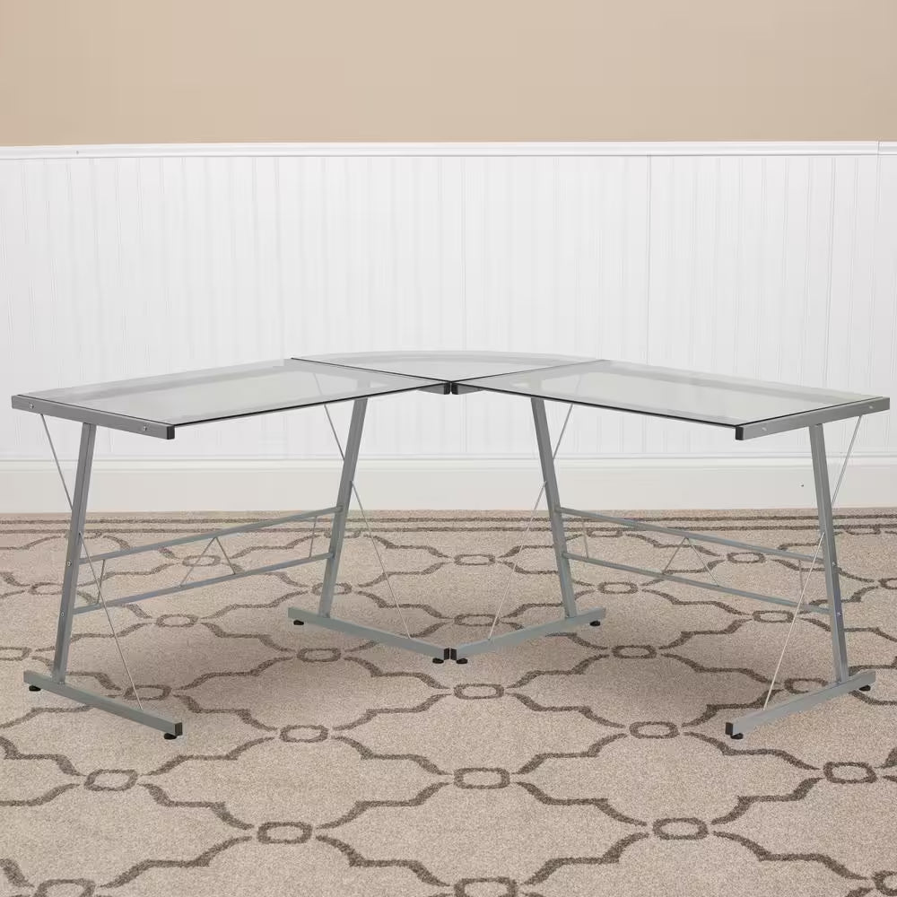 83.5 In. L-Shaped Clear/Silver Computer Desks with Glass Top