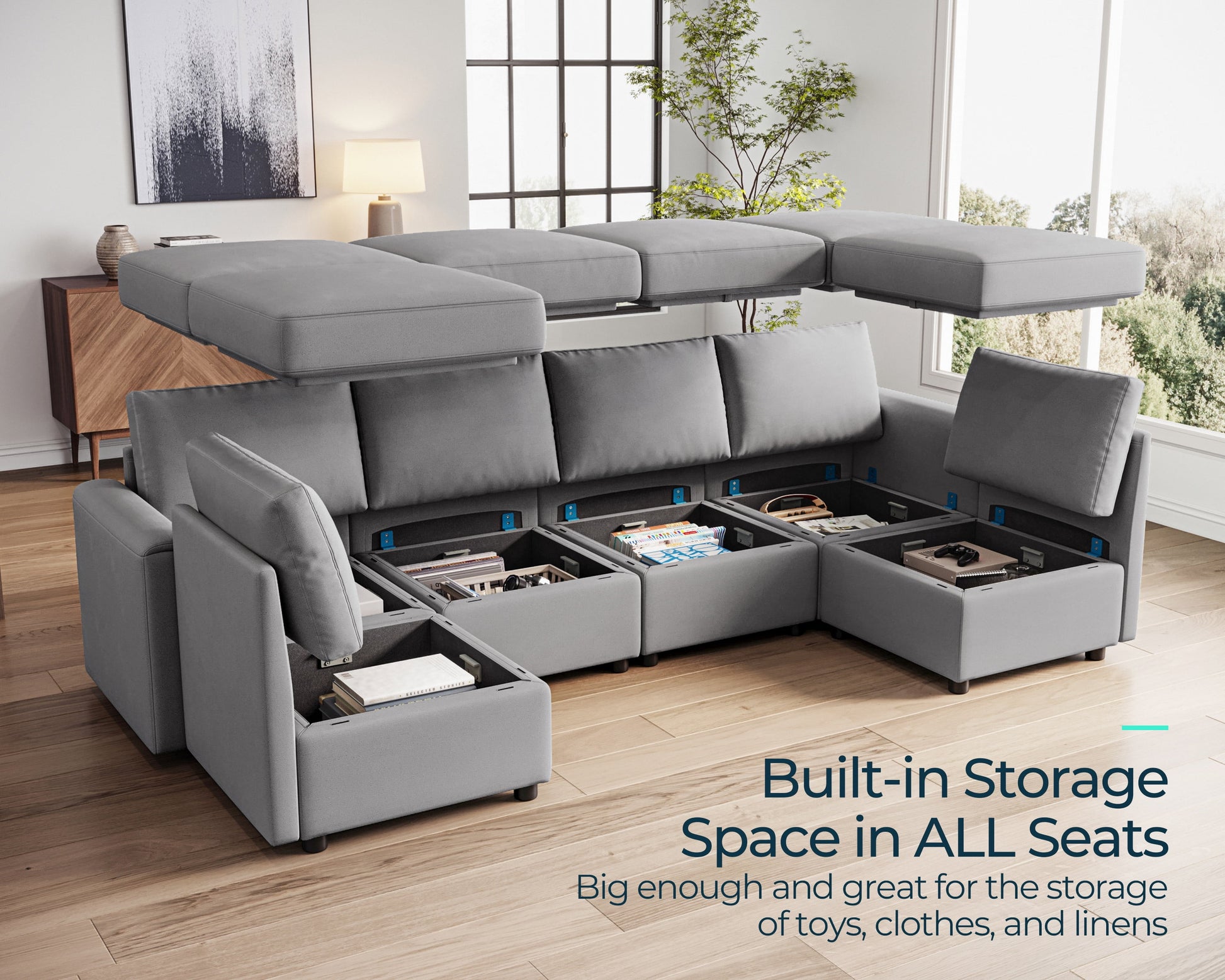 Modular Couches and Sofas Sectional with Storage, 6 Seat Sectional Sofa for Living Room, U Shaped Sectional Couch with Reversible Chaises, Light Gray