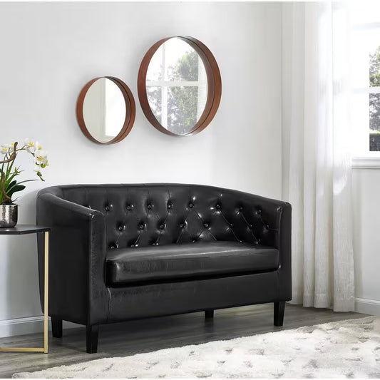 48 In. Black Love Seat, Button Tufted Faux Leather Barrel Loveseat, Loveseat