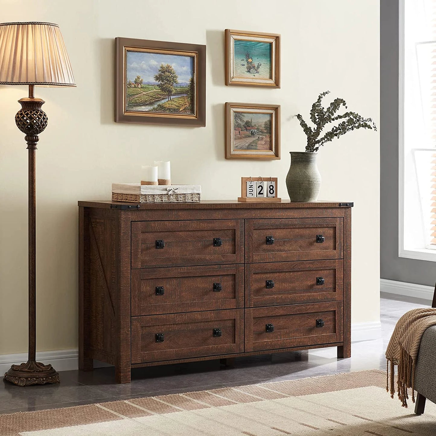 Farmhouse 6-Drawer Dresser Chests, Wood Rustic Chest, Brown