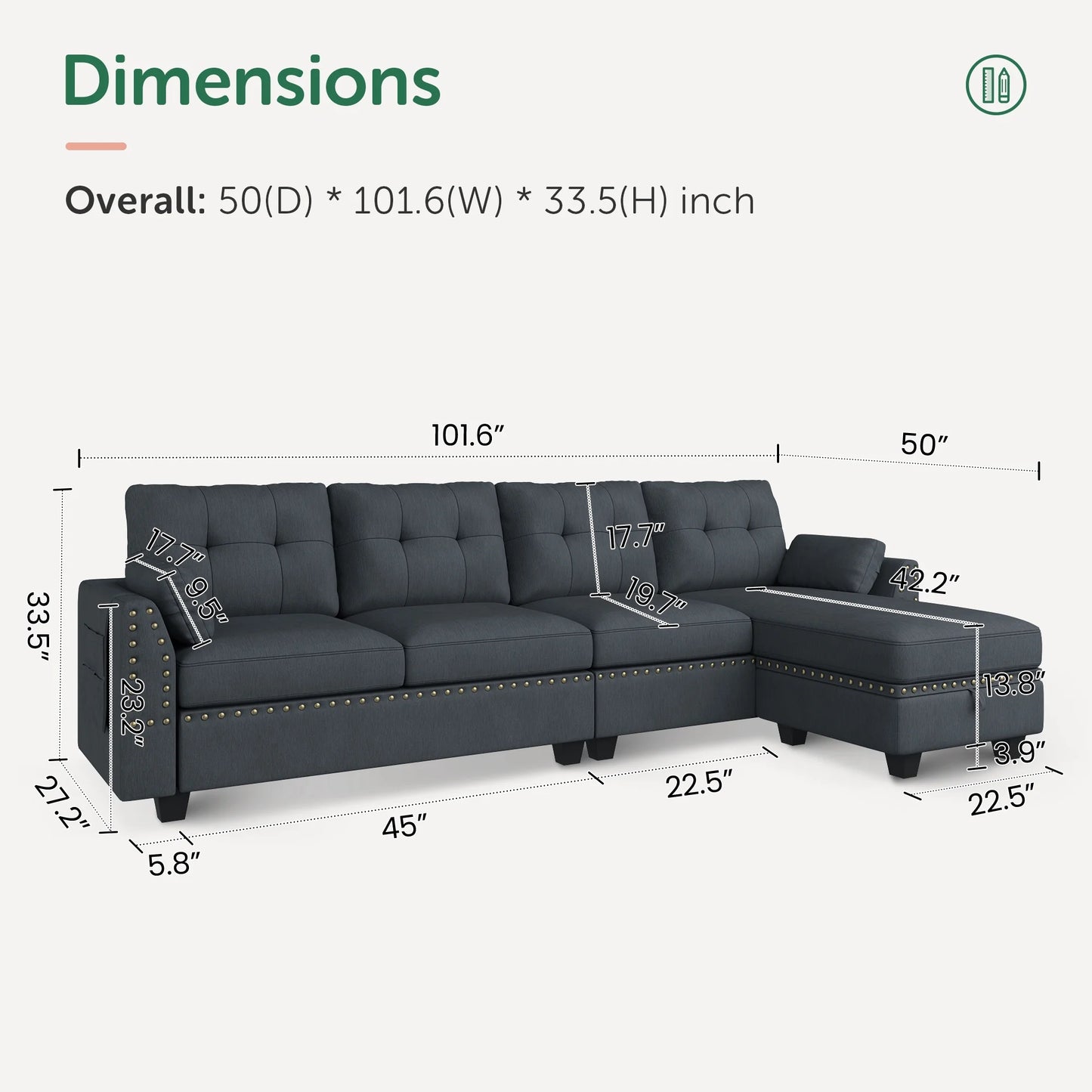 Convertible Sectional Sofa Couch L-Shape Couch with Reversible Chaise 4 Seat Sofa, Bluish Grey