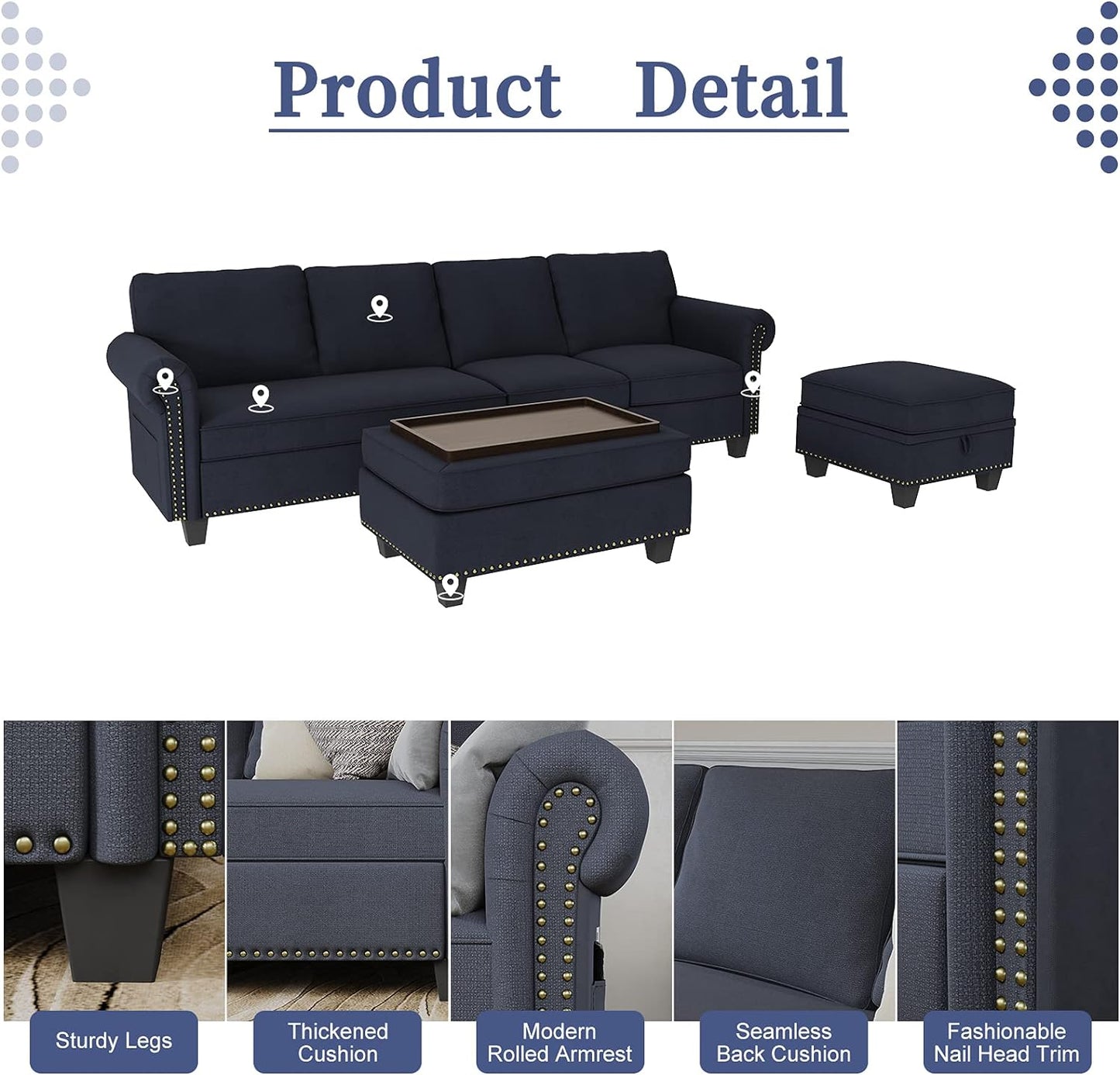 Convertible Sectional Sofa Couch, L Shaped Sofa, Reversible Couch, Denim Blue