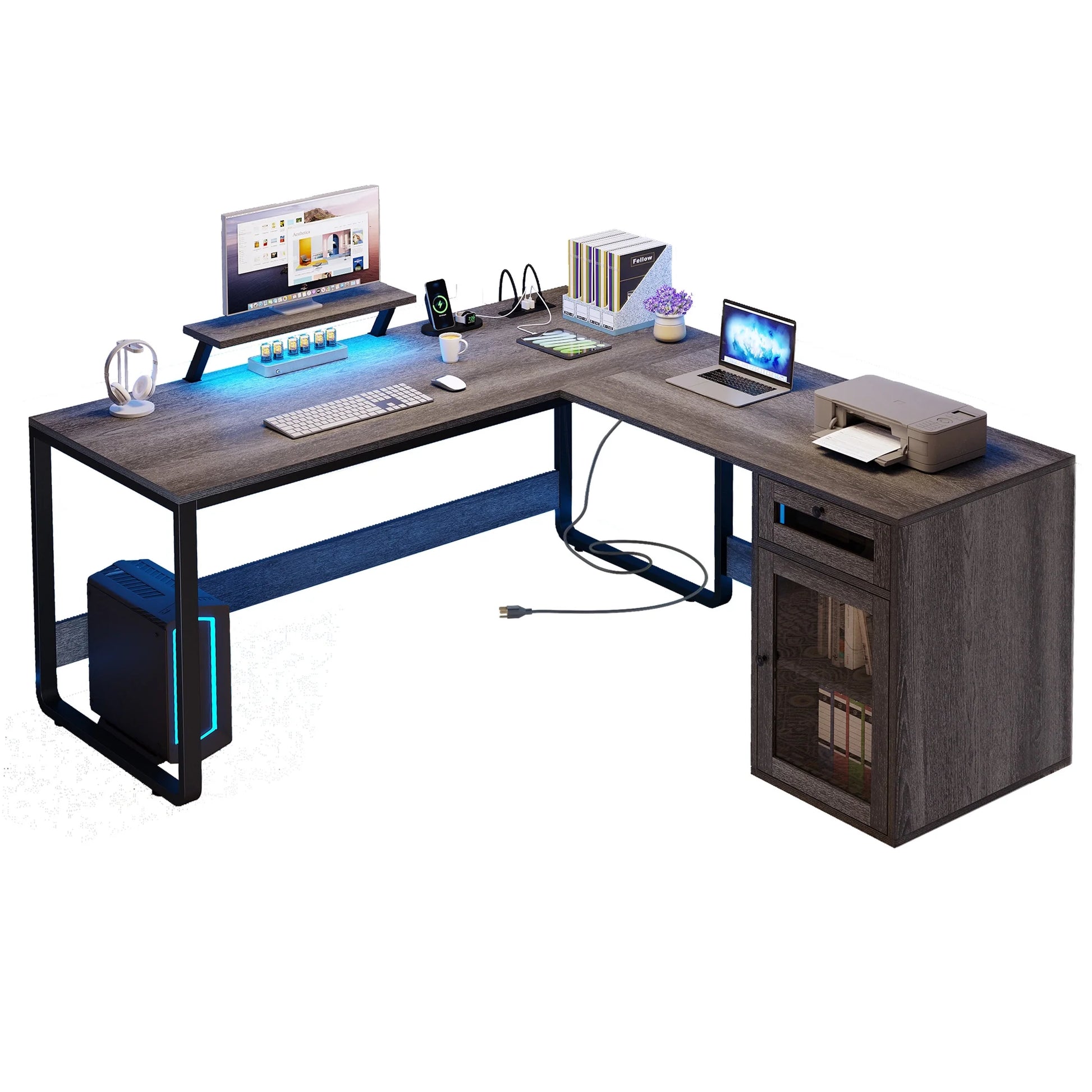 L Shaped Desk with Power Outlets & Drawer, Reversible Computer Desk with File Cabinet, with LED Lights & Monitor Stand, Gray