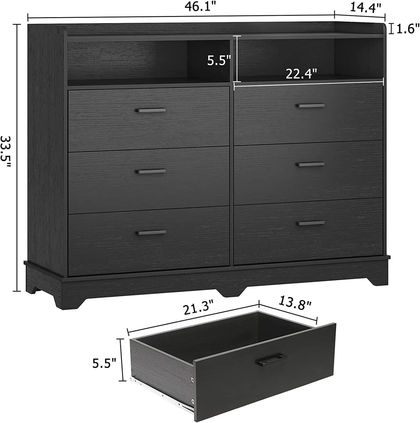 6 Drawers Dresser, 2 Open Cubby, Black